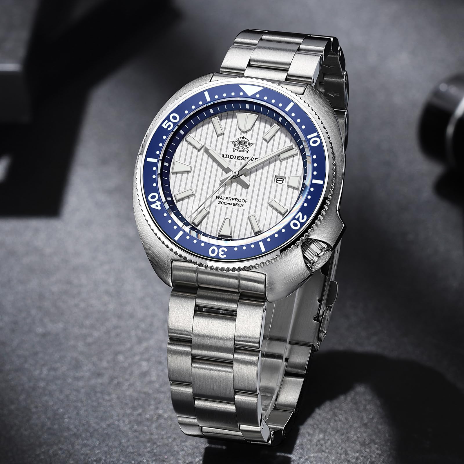 ADDIESDIVE Zegarek do nurkowania dla mężczyzn 200m szafirowe szkło tarcza z wzorem 3D żaluzje ceramiczna ramka świecący japoński mechanizm kwarcowy zegarek ze stali nierdzewnej AD2507