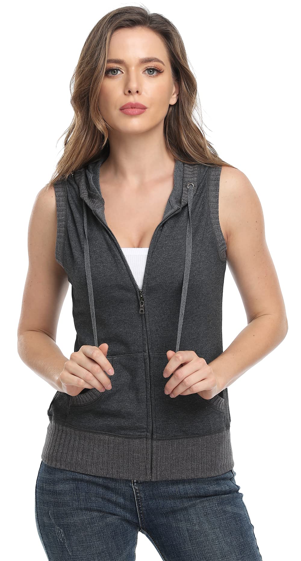 MISS MOLYWomen's Sleeveless Hoodies Sweatshirt Basic Solid Zip Up Vest Hoodie Grey M