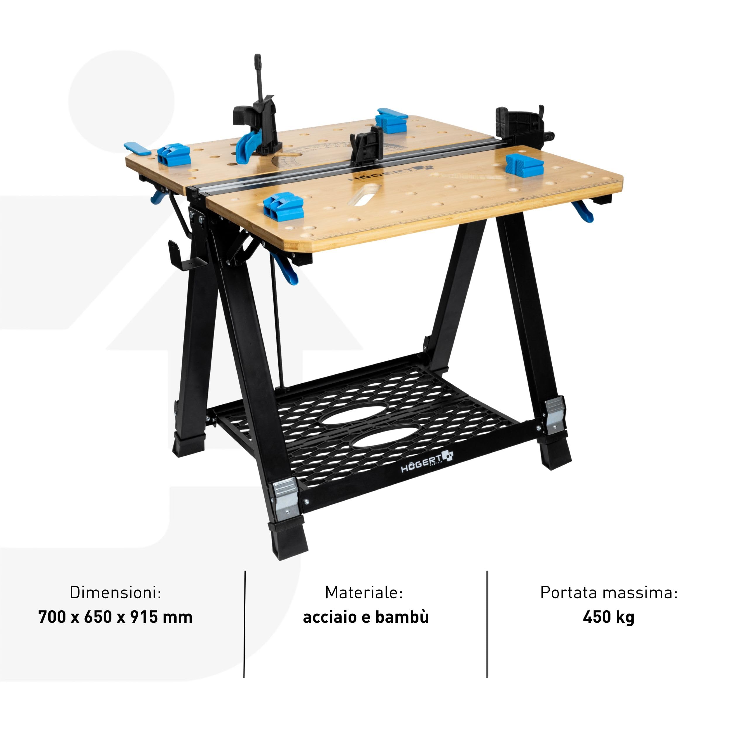 HÖGERT TECHNIK Tavolo da officina pieghevole, 700 x 650 x 915 mm, con piastra in bambù, regolazione in altezza a 5 livelli, capacità di carico 450 kg, fori, raccordi e morsetti di serraggio