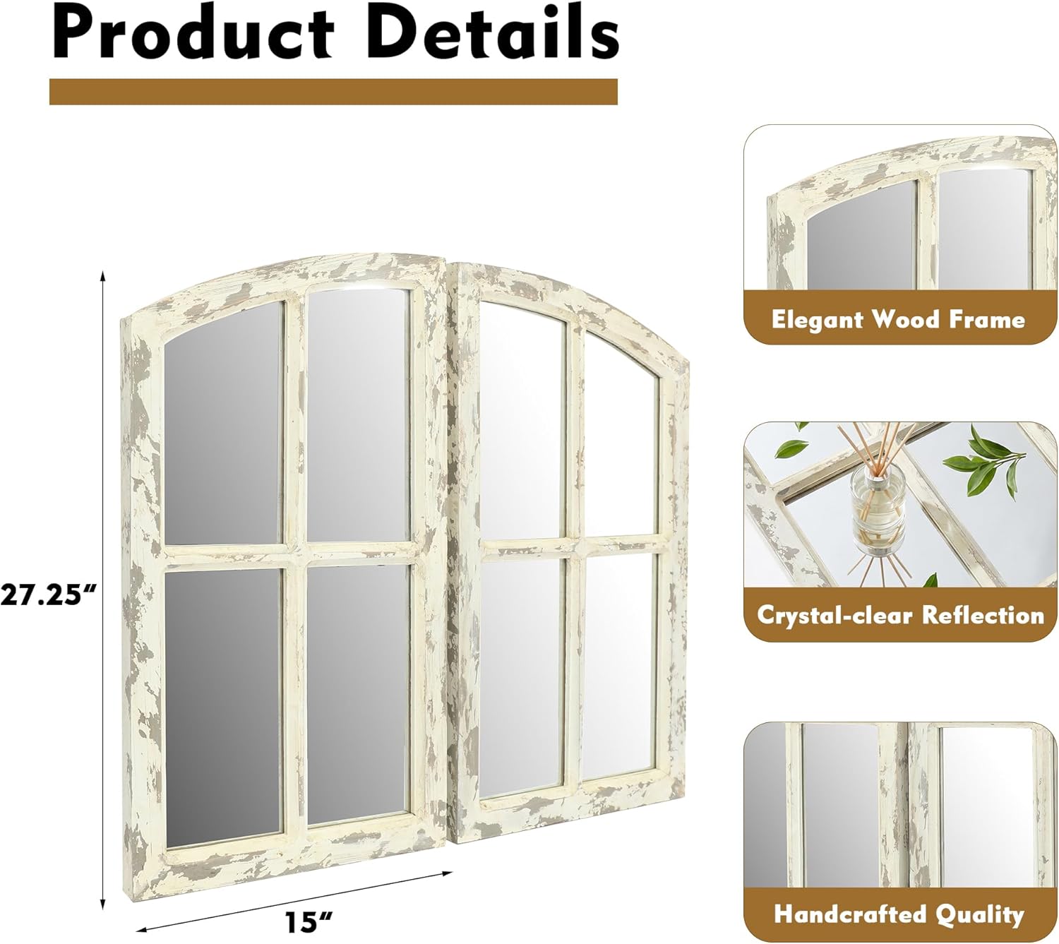 Flora Farmhouse Mirror, Decoration Wood Arch Window Wall Mounted Mirror for Kitchen Bedroom Living Room Wall Decor, Set of 2