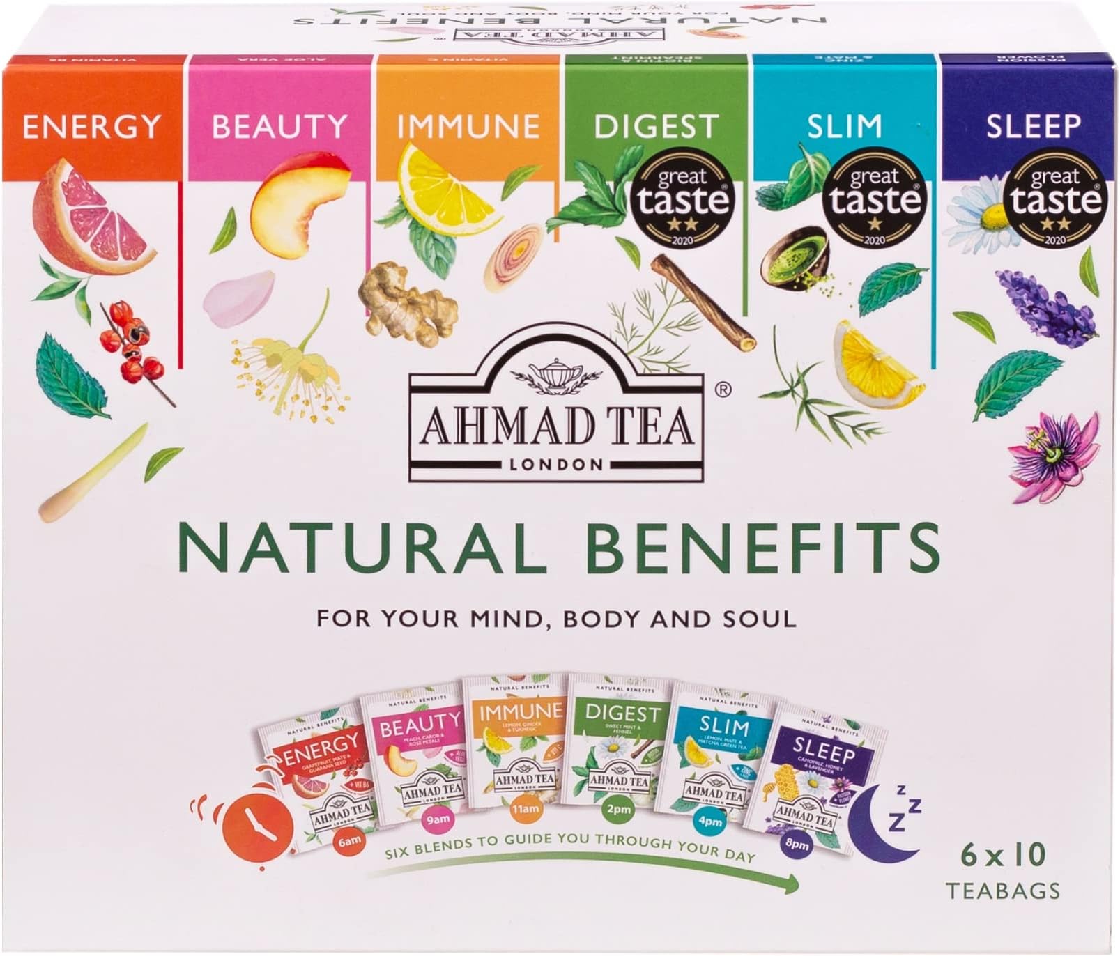 Natural Benefit Functional Tea Selection Pack | Green teas, Fruit & Herbal Infusions | Perfect herbal tea gift - 60 Teabag Sachets | 6 blends