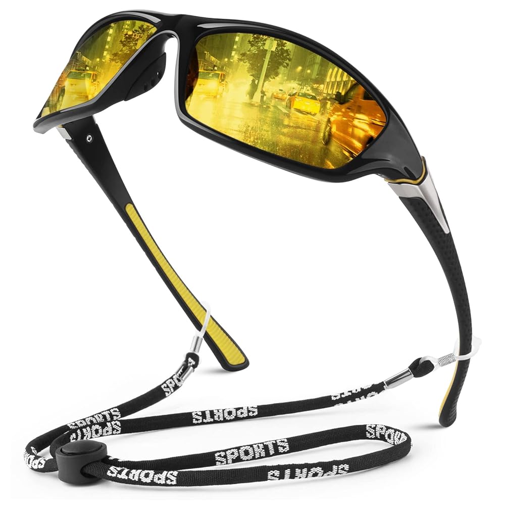 Night Vision Driving Glasses for Men Women,Sports Style Wrap Around Anti Glare with Polarized Yellow Lens