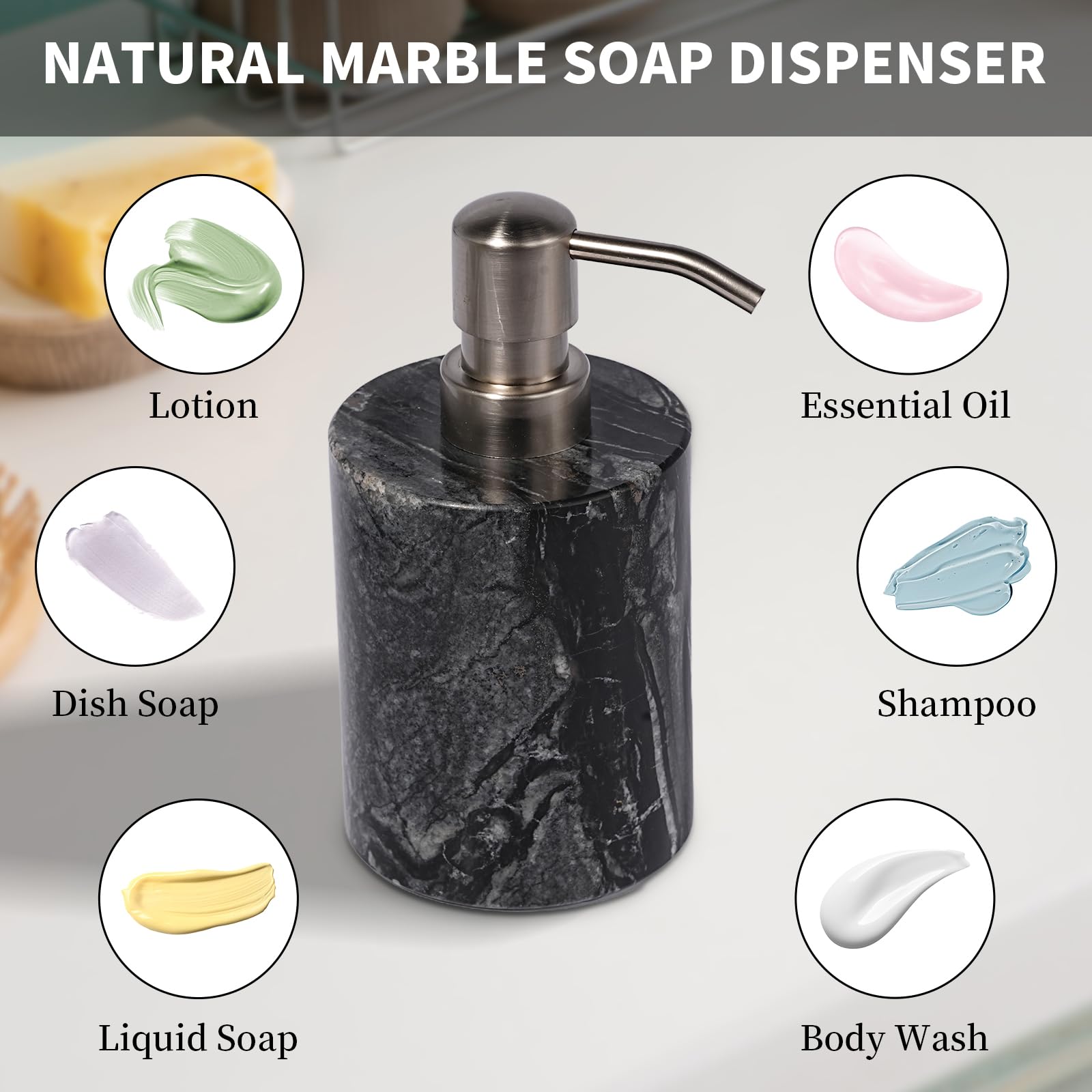 Dispenser di sapone in marmo nero con pompa in acciaio inossidabile per piano di lavoro della cucina del bagno - Dispenser per lozione e liquido