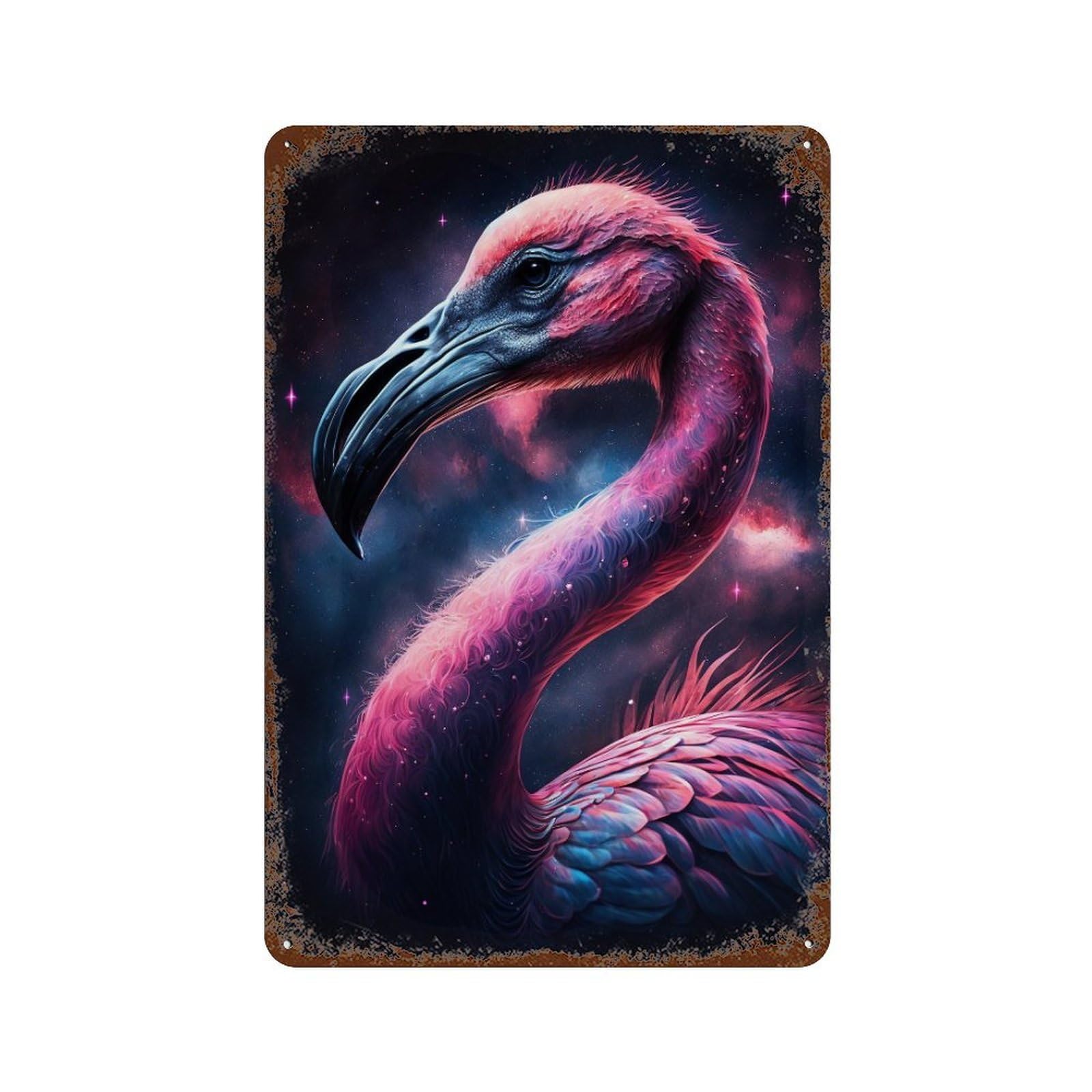 Cosmic Flamingo Art Print Retro Metal Sign 11.8"x7.9", Decorative Metal Wall Art for Basement, Hobby Room And Garage Decor
