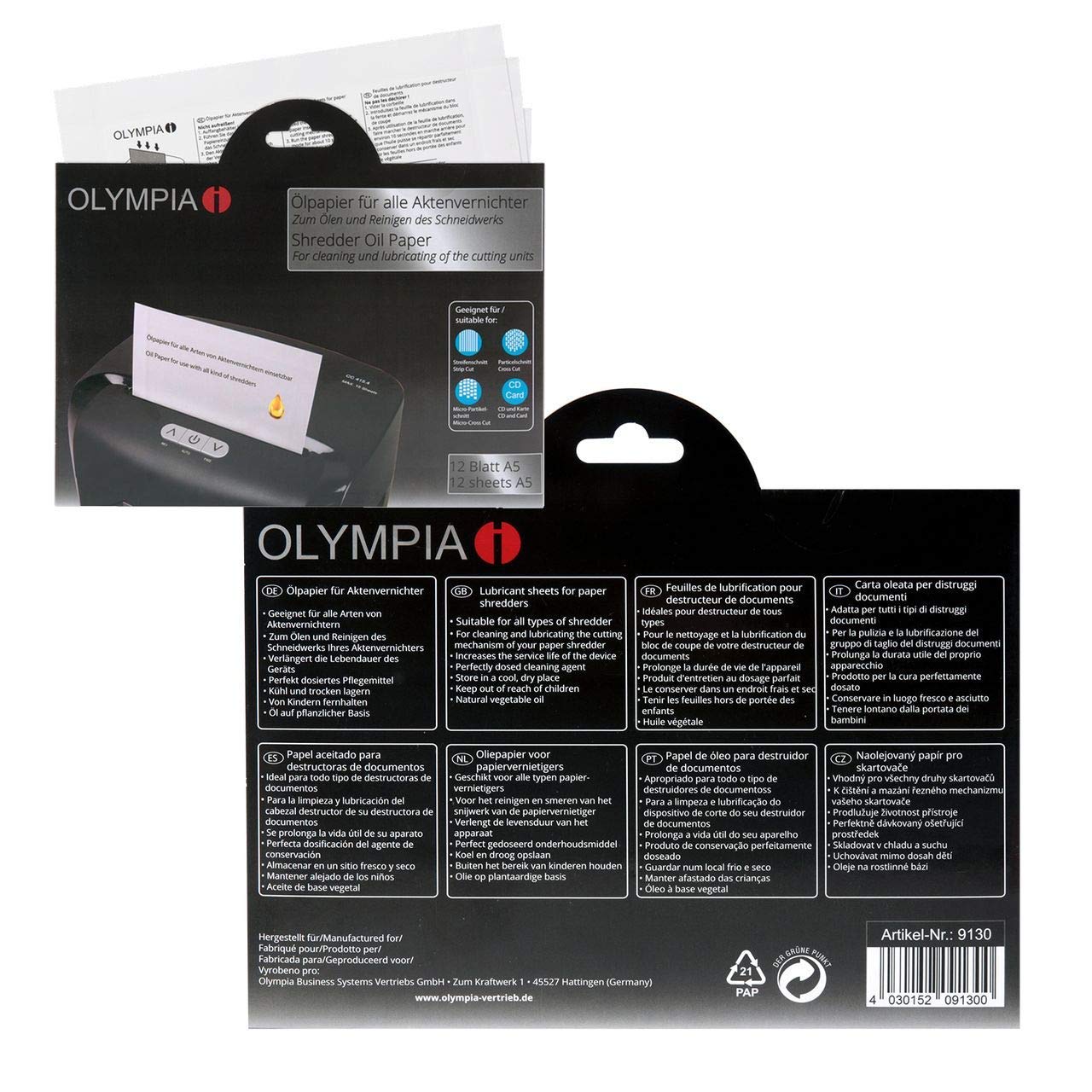 Olympia PS 54 CC nel Set con carta oleata Distruggidocumenti, Nero