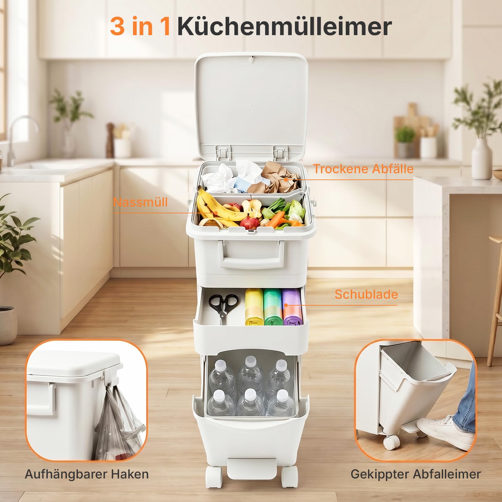 32 L Mülleimer Küche 3 Fächer, Abfalleimer mit Deckel & Pedal, Mülleimer auf Rädern, Mülltrennsystem mit Kippbehälter, Deckel, Schublade, Küchenabfalleimer für Küche & Wohnzimmer, Weiß