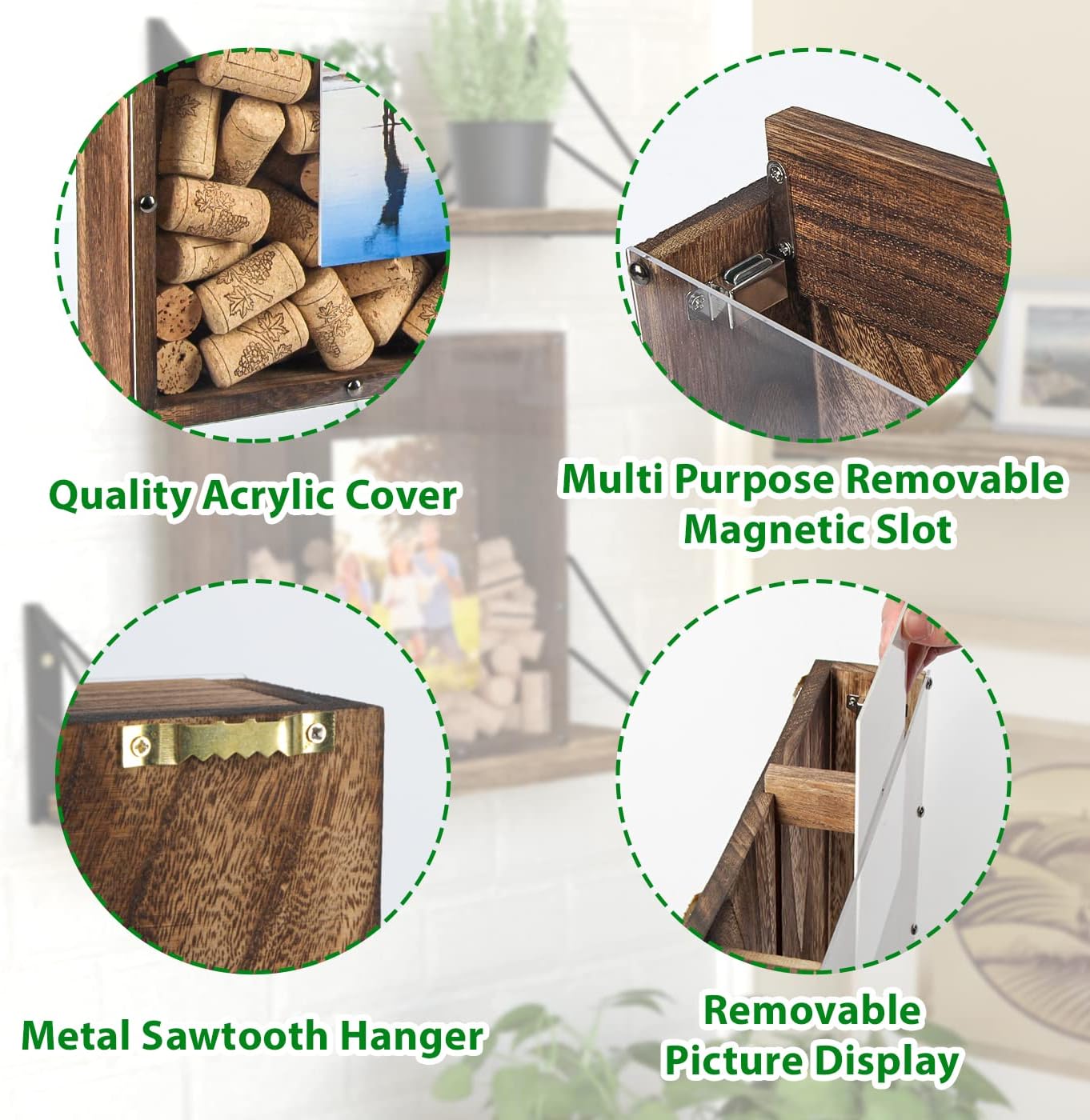 J JACKCUBE DESIGN Rustic Wood Wine Cork Shadow Box 11.5" x 11.5" Holder Frame, Top Loading Slot for Home & Bar Décor, Free Standing or Wall Mounted Collection Box -MK800A