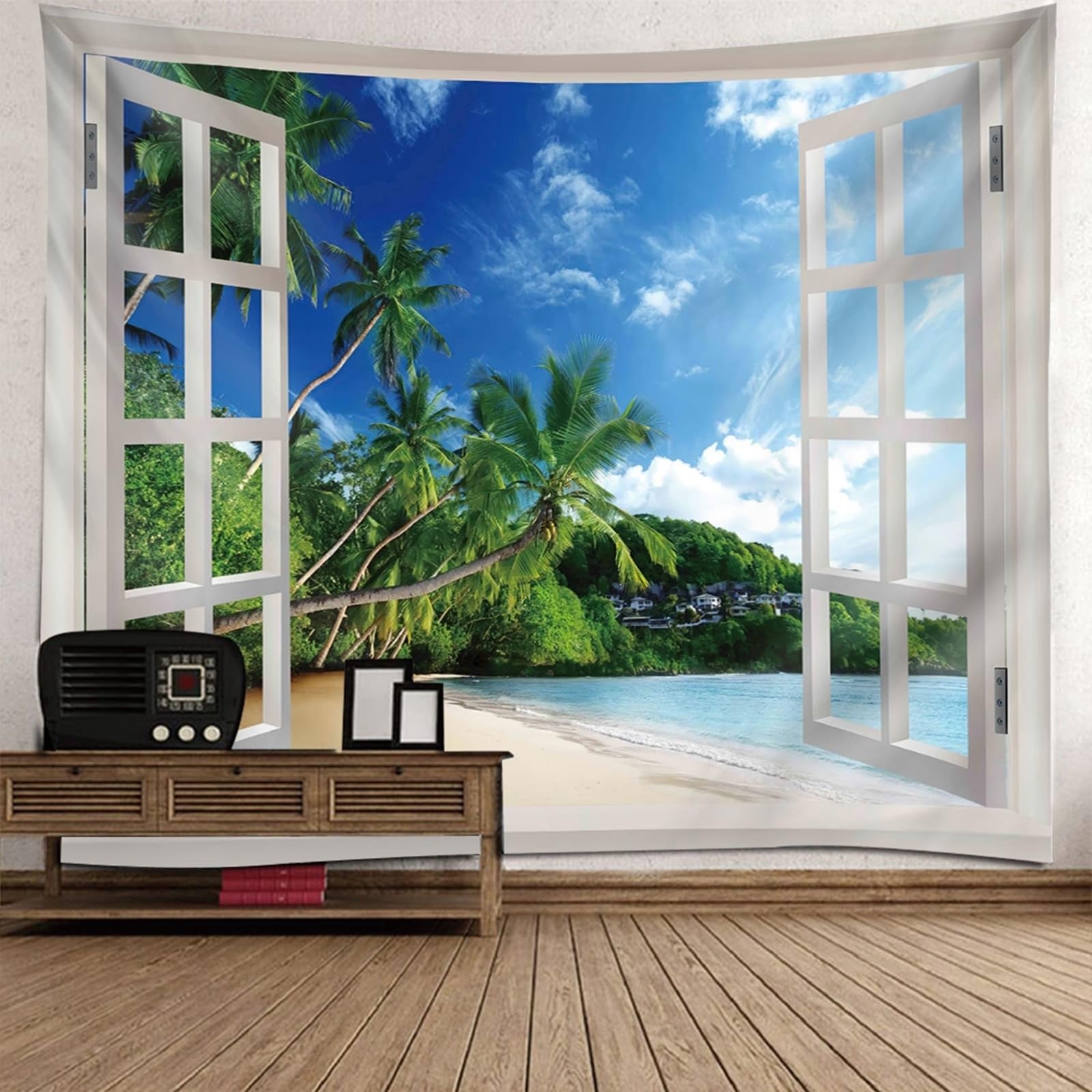 Tapiz natural para colgar en la pared de poliéster, marco de ventana verde y blanco y palmera, paisaje de playa, 240 x 220 cm