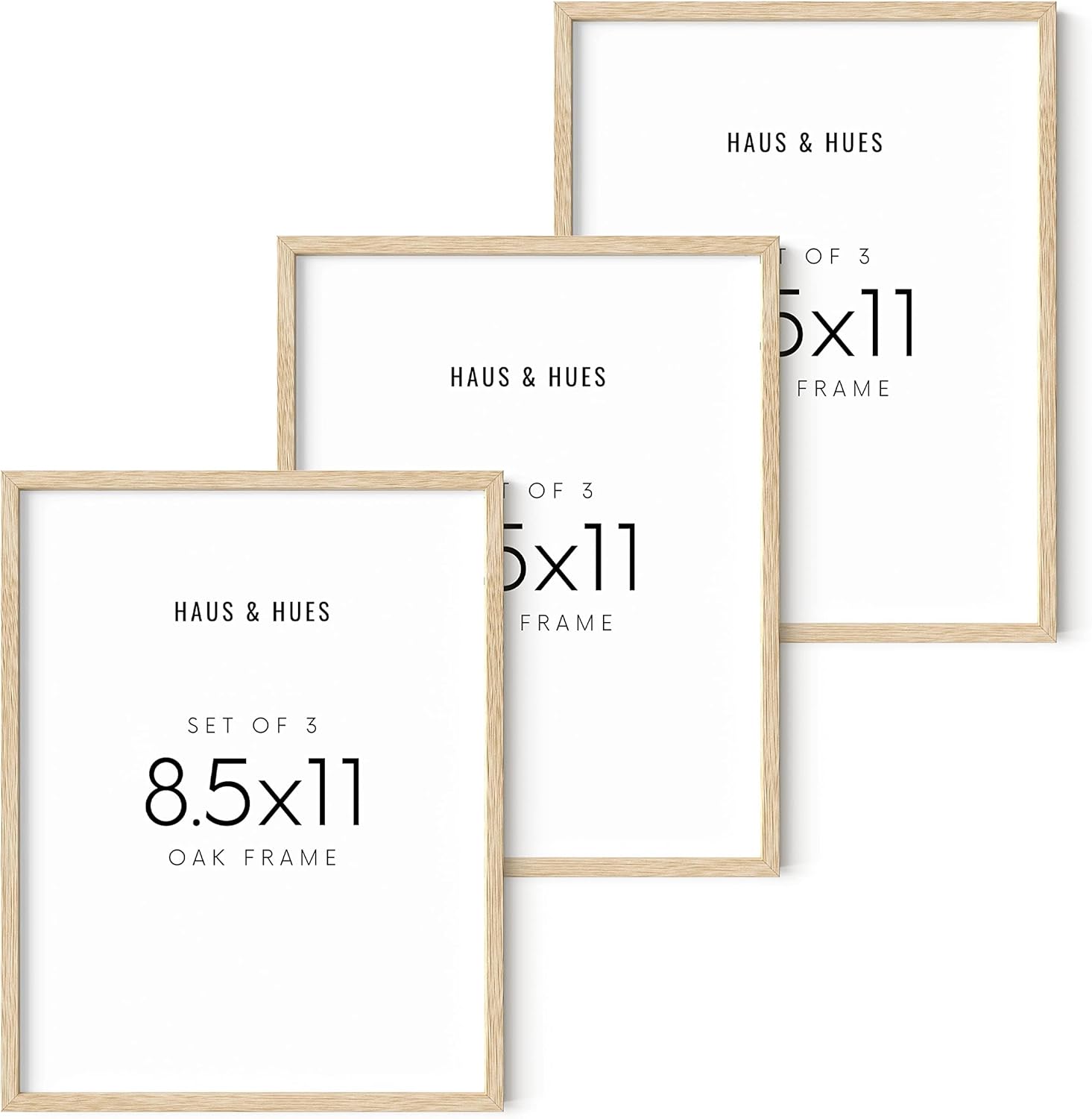 HAUS AND HUES Set of 3 Pennsylvania Oak Wood Picture Frames, 8.5x11 in, Beige, Minimalist Style, Shatterproof Plexiglass, Wall Mount, 3 Count