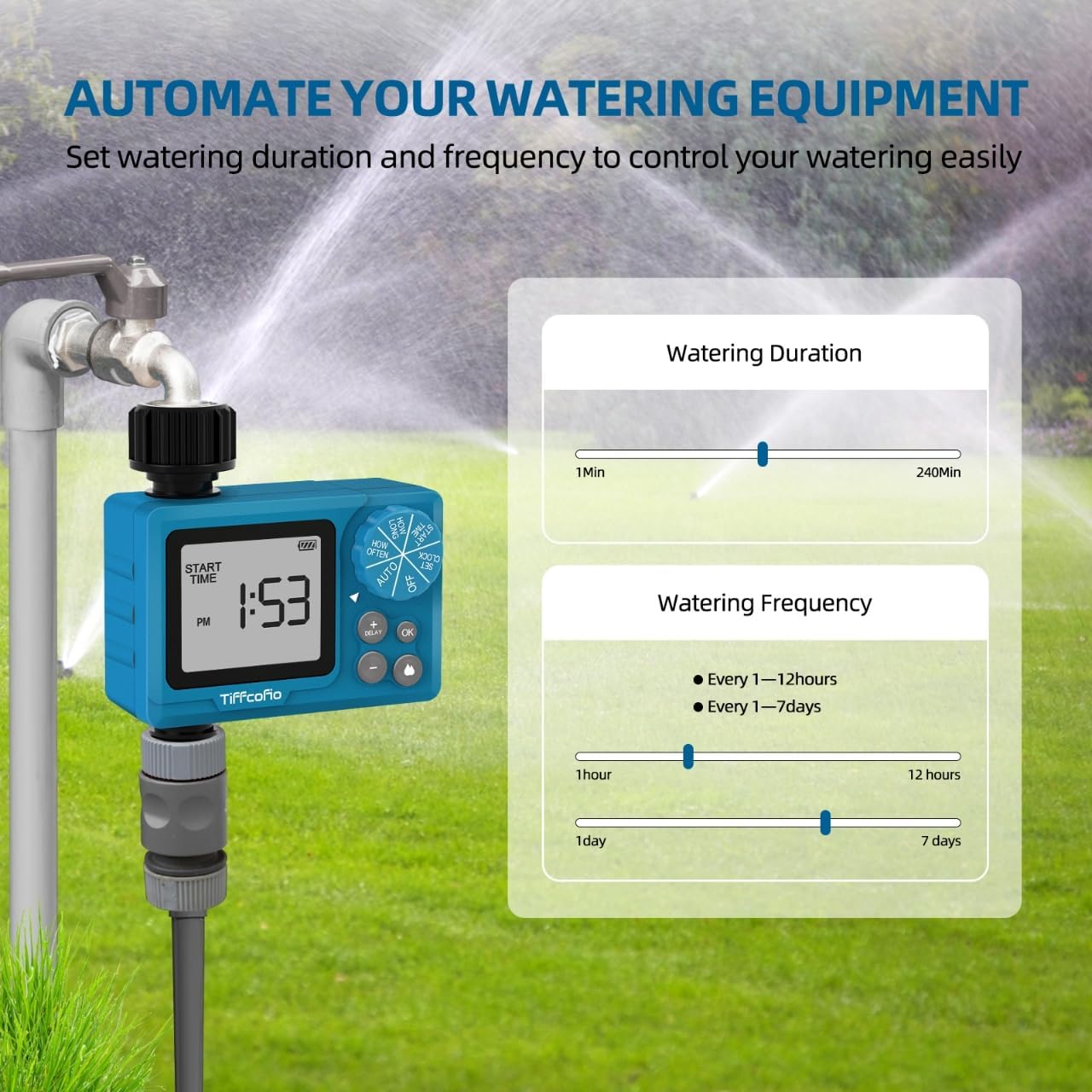 TiFFCOFiO Sprinkler Timer Outdoor, Digital Pogrammable for Garden Hose, Irrigrtion Timer with Rain Delay and Manual Mode (2 Packs) - Image 4