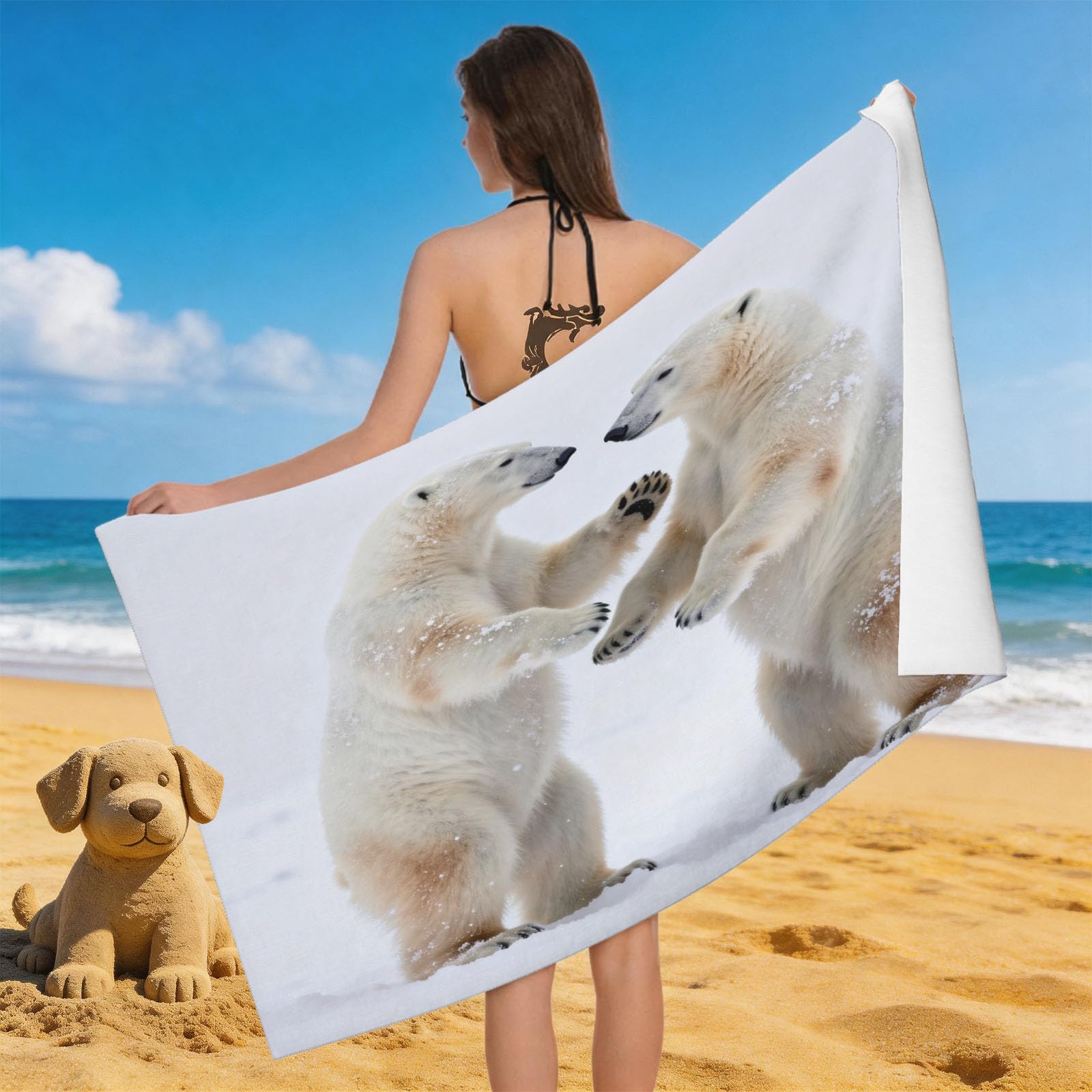 Leichong 3D Polar Bear Beach Towel Large Microfiber Soft Quick Dry for Adults, Animal Print Bath Towel Lightweight Soft Absorbent for Travel Swimming Pool Sports, 80 x 160 cm