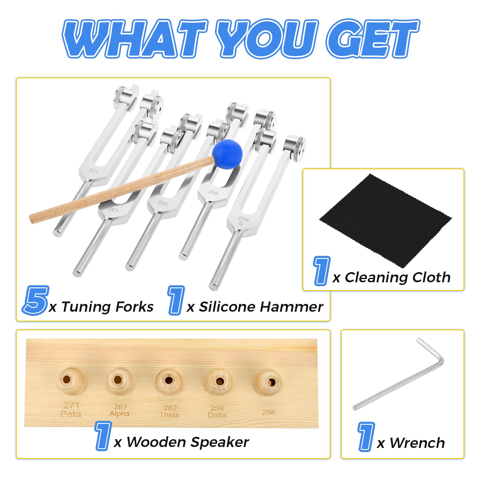 Brain Tuner Stimmgabel 5er Set EEG Delta Theta Alpha Beta Stimmgabeln mit Holz Voice Box (256Hz, 259Hz, 262Hz, 267Hz, 271Hz) | EEG Delta Theta Alpha Beta Stimmgabeln mit hölzerner Stimmbox