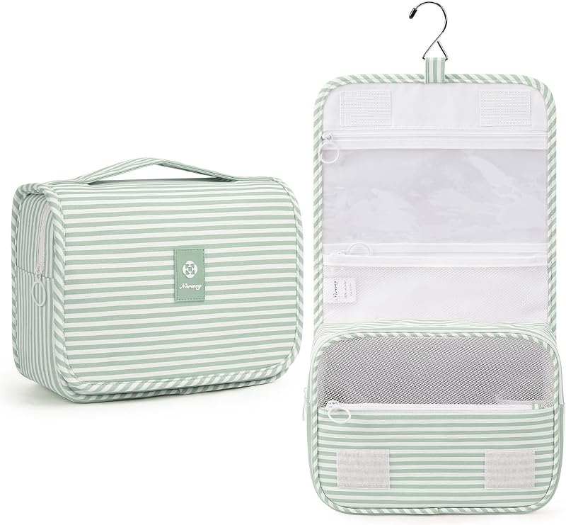 Necessaire suspensa Narwey para viagem, com divisórias e gancho, Y-Mint Green Stripe