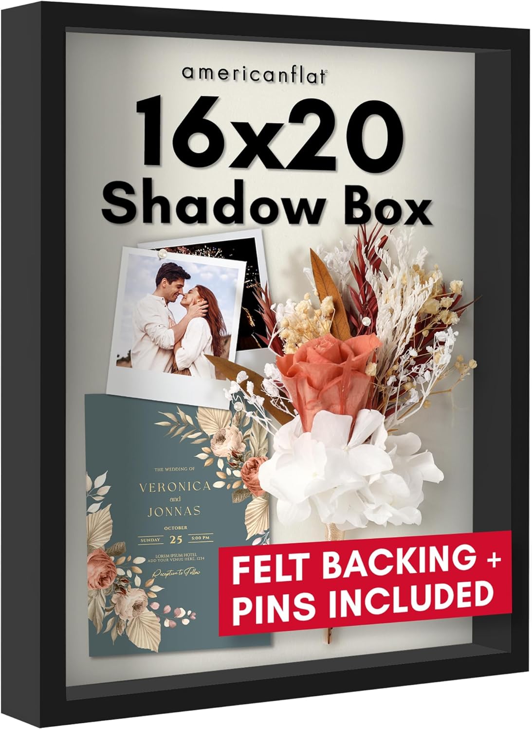 Americanflat 16x20 Shadow Box Frame with Polished Plexiglass - Silhouette Collection - Large Shadow Box Display Case for Tabletop and Wall Display - Black with Soft Felt Back Black 16x20