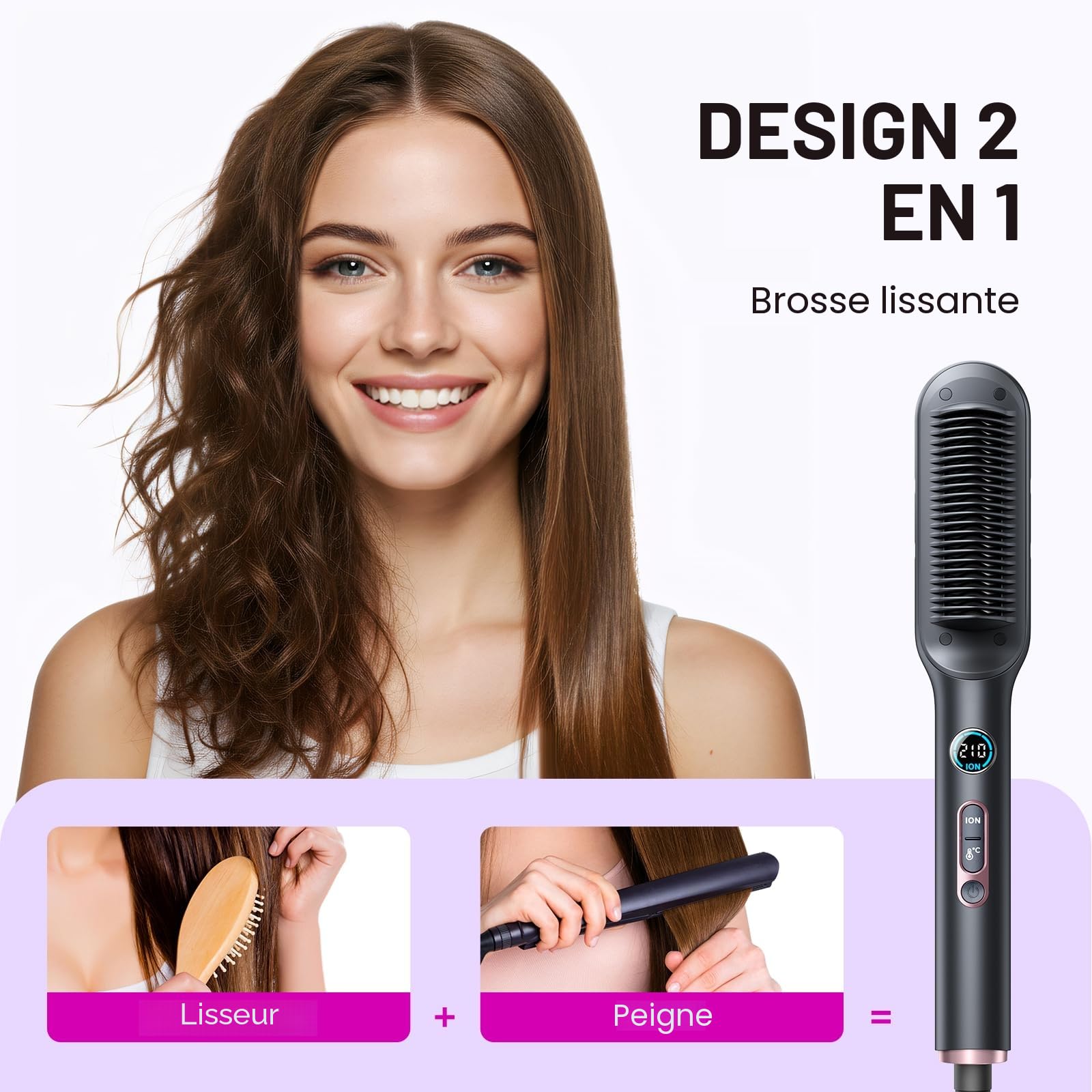 Wavytalk Brosse Lissante pour Cheveux, Fer à Lisser Ionique et Brosse à Cheveux 2 en 1, Lisseur Brosse en Céramique Anti-Brûlure avec Affichage, Double Tension (100-240V), Prise EU