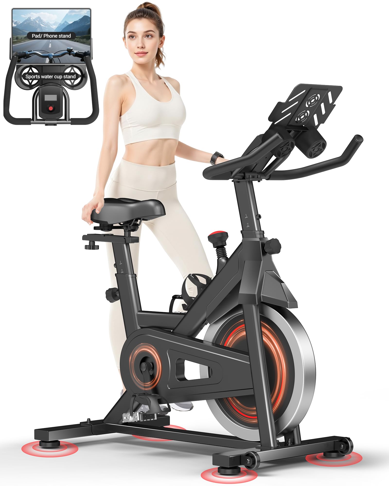 CURSOR FITNESS Exercise Bike, Spin Bike Exercise Equipment for Home Use with Stepless Adjustment, Stationary Bike with Larger Tablet Holder