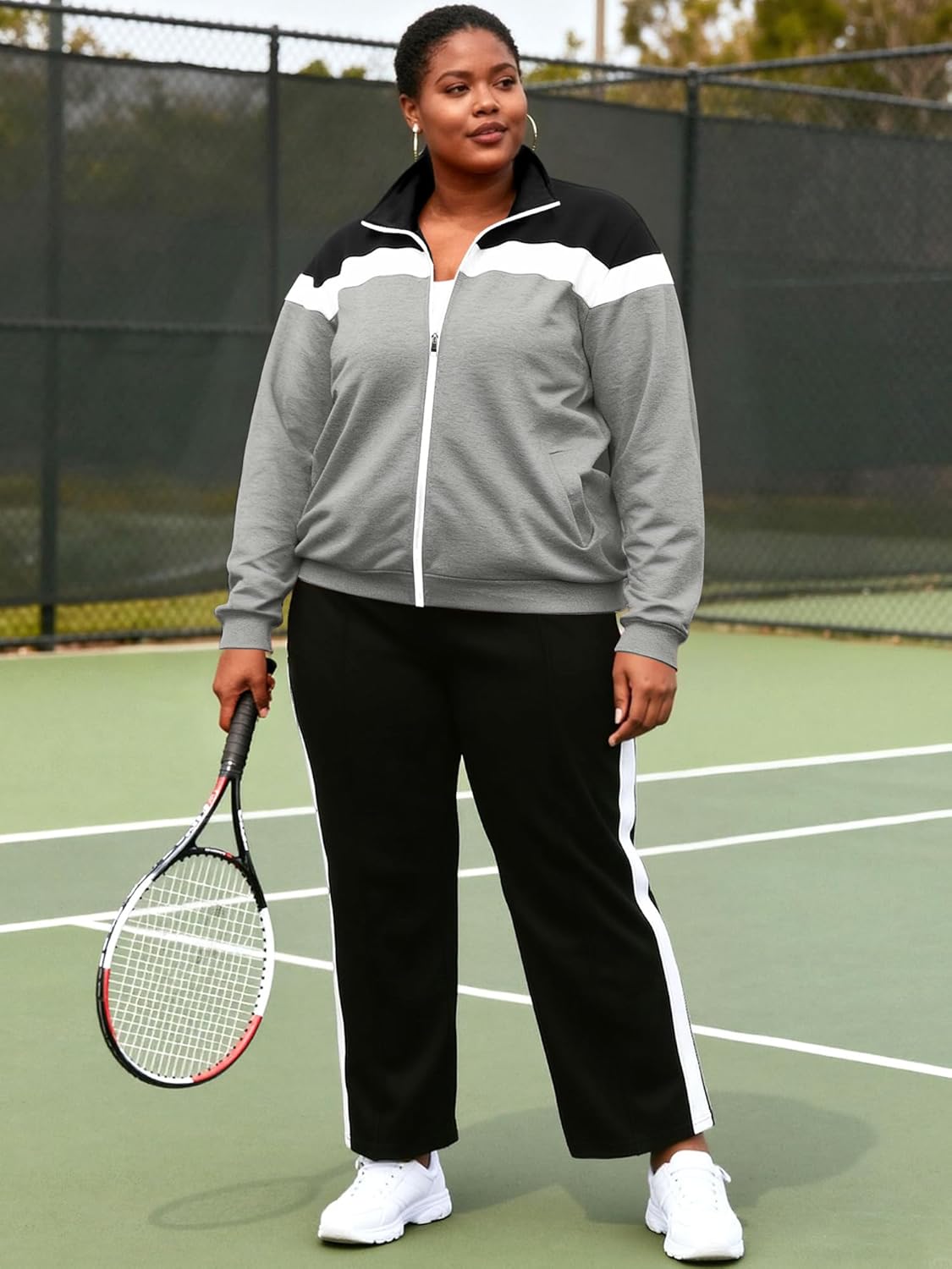 UOUA Plus Size Womens 2 Piece Sweatsuits Outfits Zip Up Jackets & Sweatpants Casual Loungewear Tracksuit Sets - Image 5