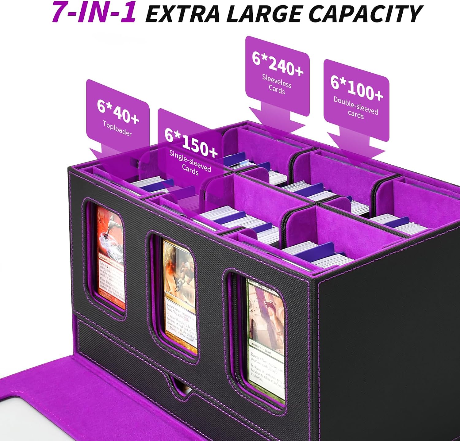 Commander Deck Box for MTG, Trading Card Storage Box Holds 600+ Double-Sleeved Cards, 7 IN 1 Removable Card Case with Dice Tray, Magnetic Card Holders for TCG/EDH/Sports Cards (Black Purple)