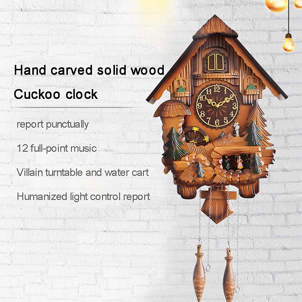 Quartz Cuckoo Clock Black Forest House with Waterwheel Doll Band Couples Accompany Music Spinning with Music