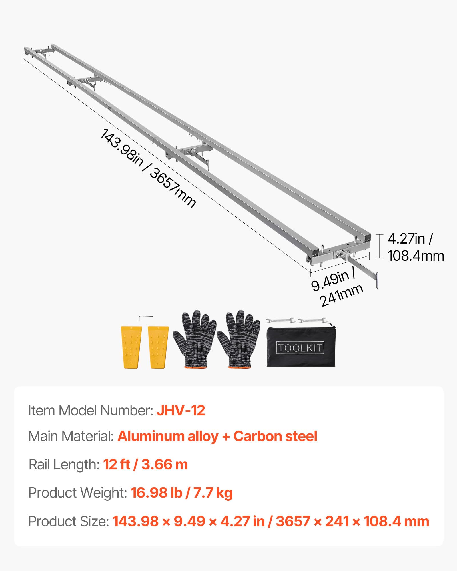 VEVOR Aserradero Móvil para Motosierra 3,66 m, Riel de Guía para Aserraderos Móviles con 4 Barras Transversales, 2 Cuñas, Kit de Guía de Fresado de Rieles Ajustable para Constructores, Carpinteros