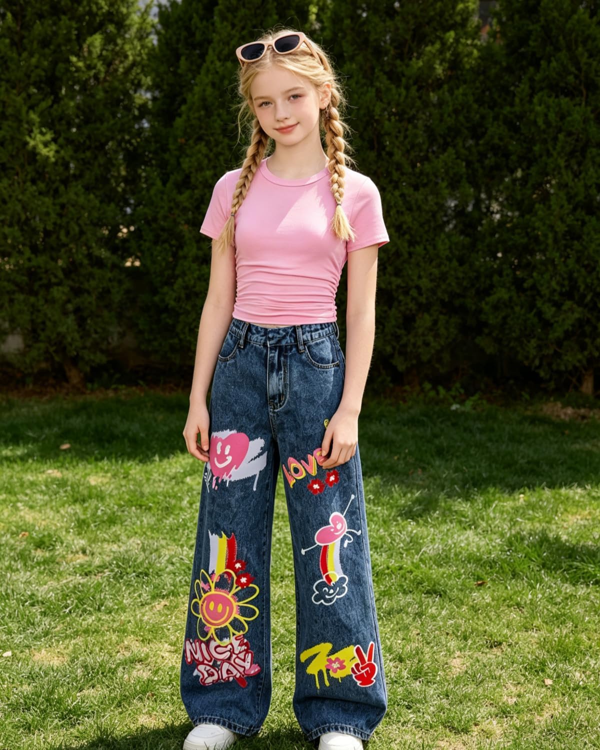 Tween Girl Summer Clothes Solid Short Sleeve T-Shirt + Denim Wide Leg Pants 2 Pieces Outfit Set, Sizes 7-16 Years