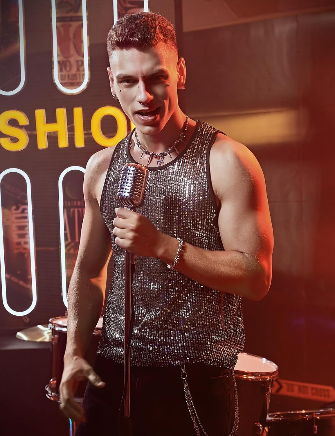 Arjen Kroos Men's Sequin Tank Top Sparkly Metallic Sleeveless T Shirt Party Top - Image 2