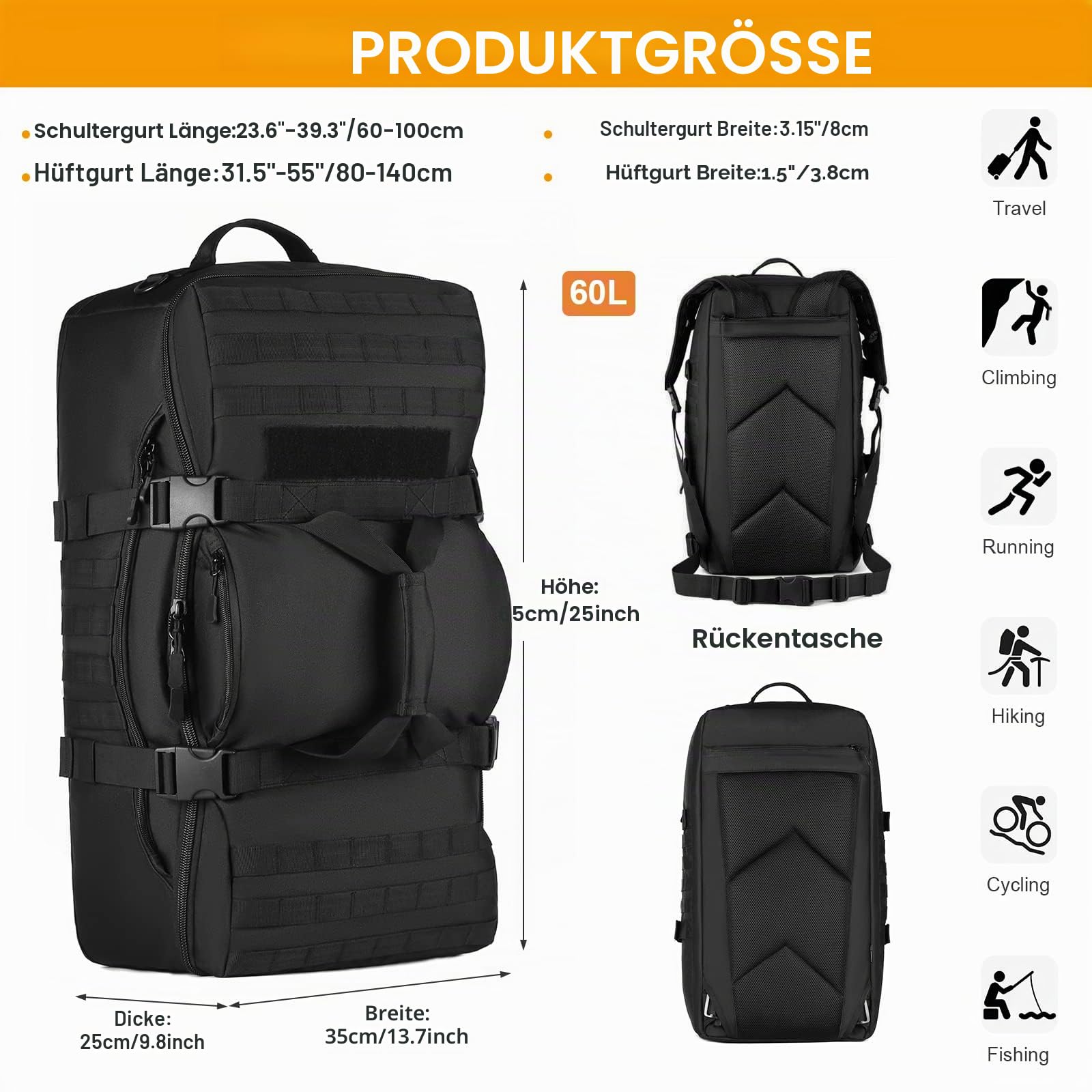 HUNTVP Militär Wanderrucksack 50L/60L Taktischer Trekkingrucksack MOLLE Rucksack Wasserdicht Bundeswehr XXL Backpack Groß Kapazität für Wandern Trekking Camping, 60L Schwarz