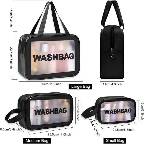 Wash Bag Pouch for Travel Kit Toiletry Bag Cosmetic Bag Make Up Box for Brushes, Accessories with Handle, Large Capacity Translucent, 3 PCS WASH BAG-black, STANDARD, Modern
