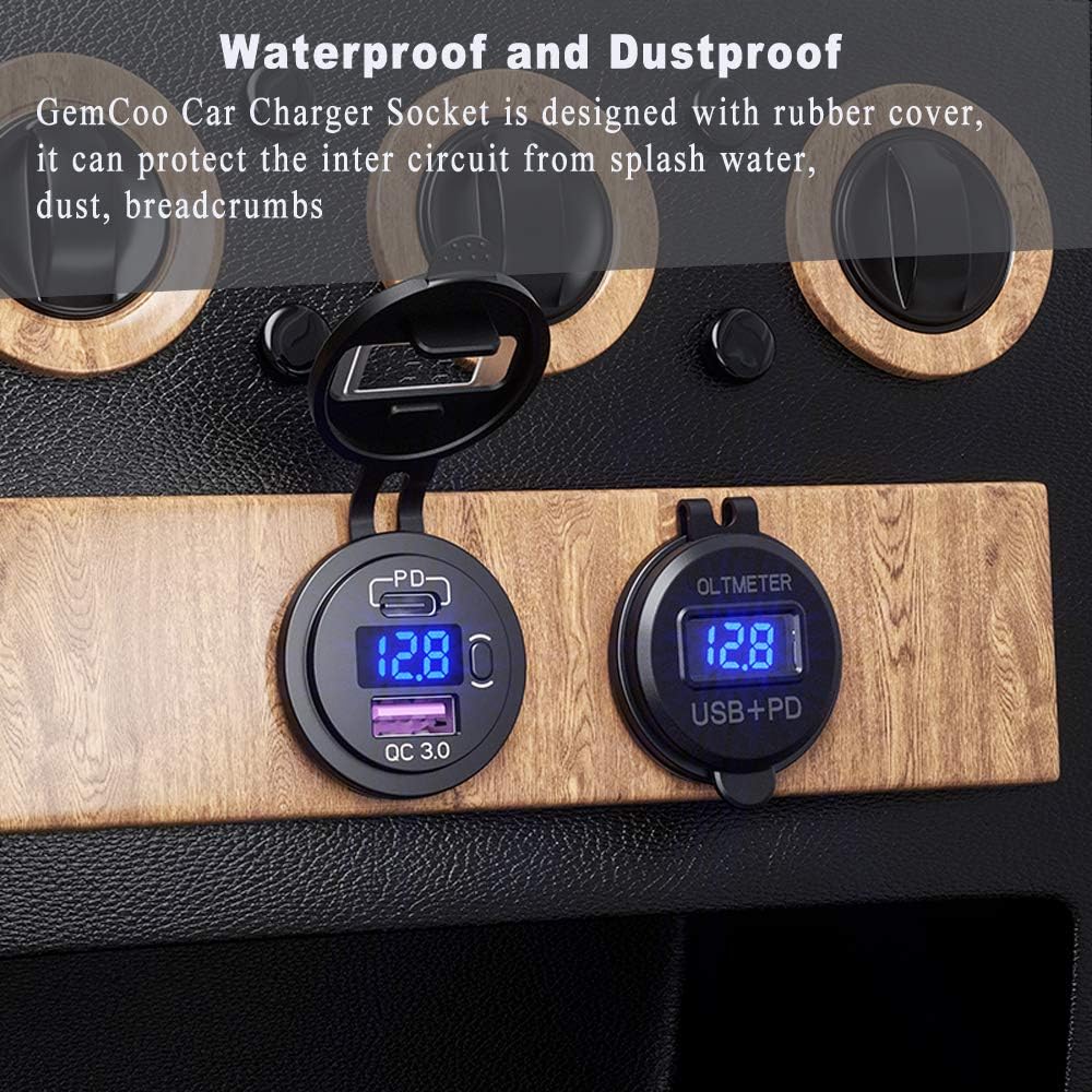 PD Type C USB Car Charger Socket and QC 3.0 Quick Charger Car Power Outlet Socket with ON/Off Switch and LED Voltmeter Waterproof 12V/24V for Motorcycle Marine RV ATV
