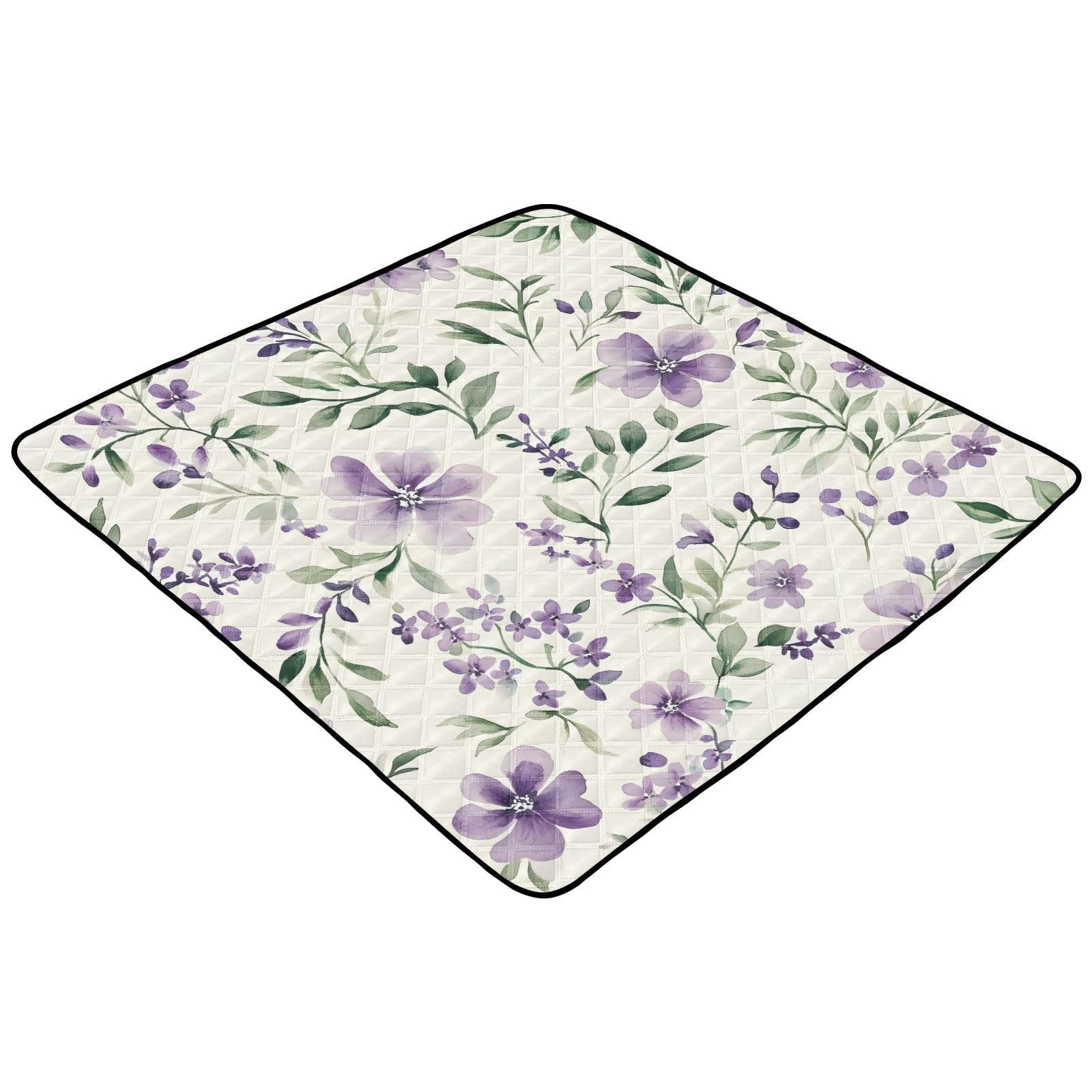 BOESI Watercolor Purple Flower Pattern Baby Play Mat, 50“ X 50” Washable Folding Crawling Mat, Baby Floor Mat, Soft, Thick, Non-Slip