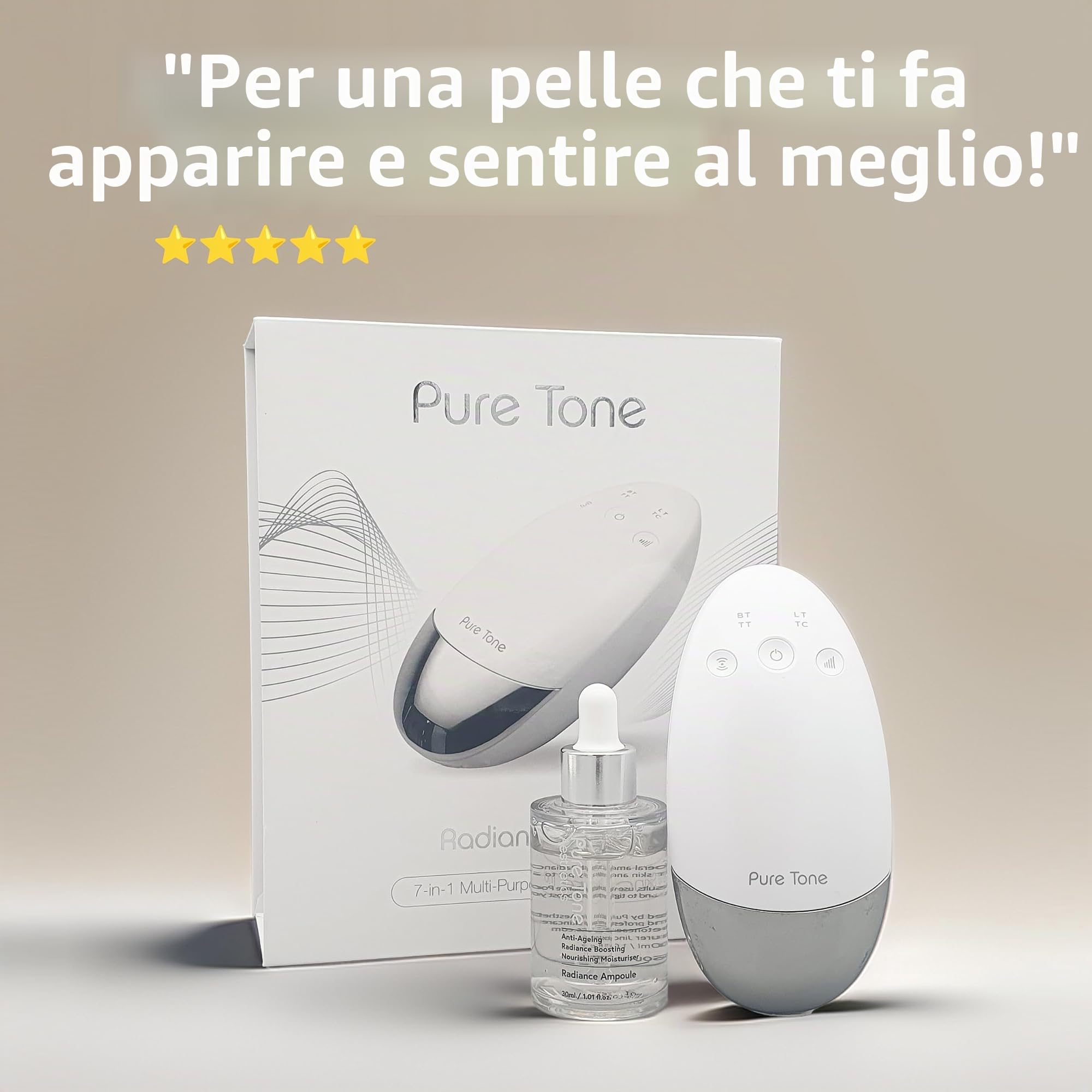 Pure Tone Radiance Pod Dispositivo Skincare 7-in-1 con Risultati Clinicamente Provati – Solleva e Rassoda la Pelle, Riduce le Rughe, Migliora la Luminosità, Aumenta l'Assorbimento dei Cosmetici.