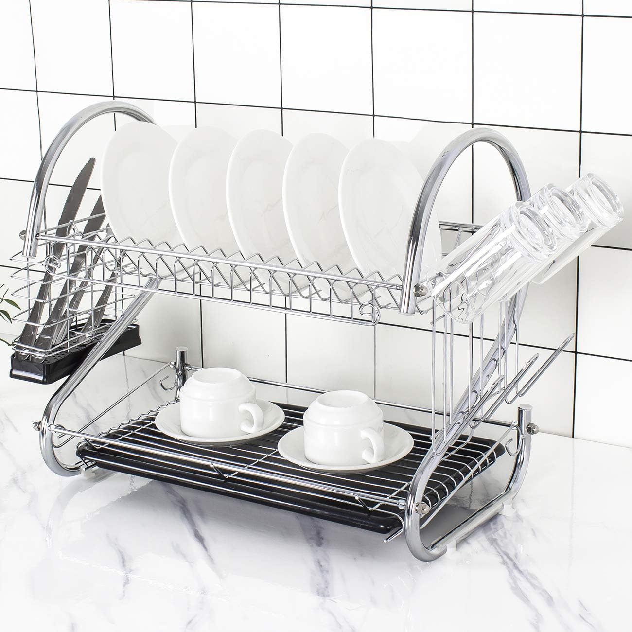 Tahlegy Black Drain Board Chrome Cutlery Drainer 2 Tier Dish Drying Rack,More Space