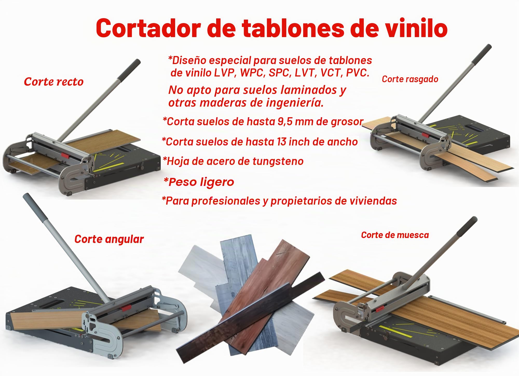 Corte de suelo de vinilo rígido Pro de 13" con hoja de repuesto de 13", ¡el doble de tiempo! Corta SPC/LVT/WPC hasta 9 mm. Cortes angulares instantáneos 15/22.5/30/45. ¡Sin medición! ¡Sin conjeturas!