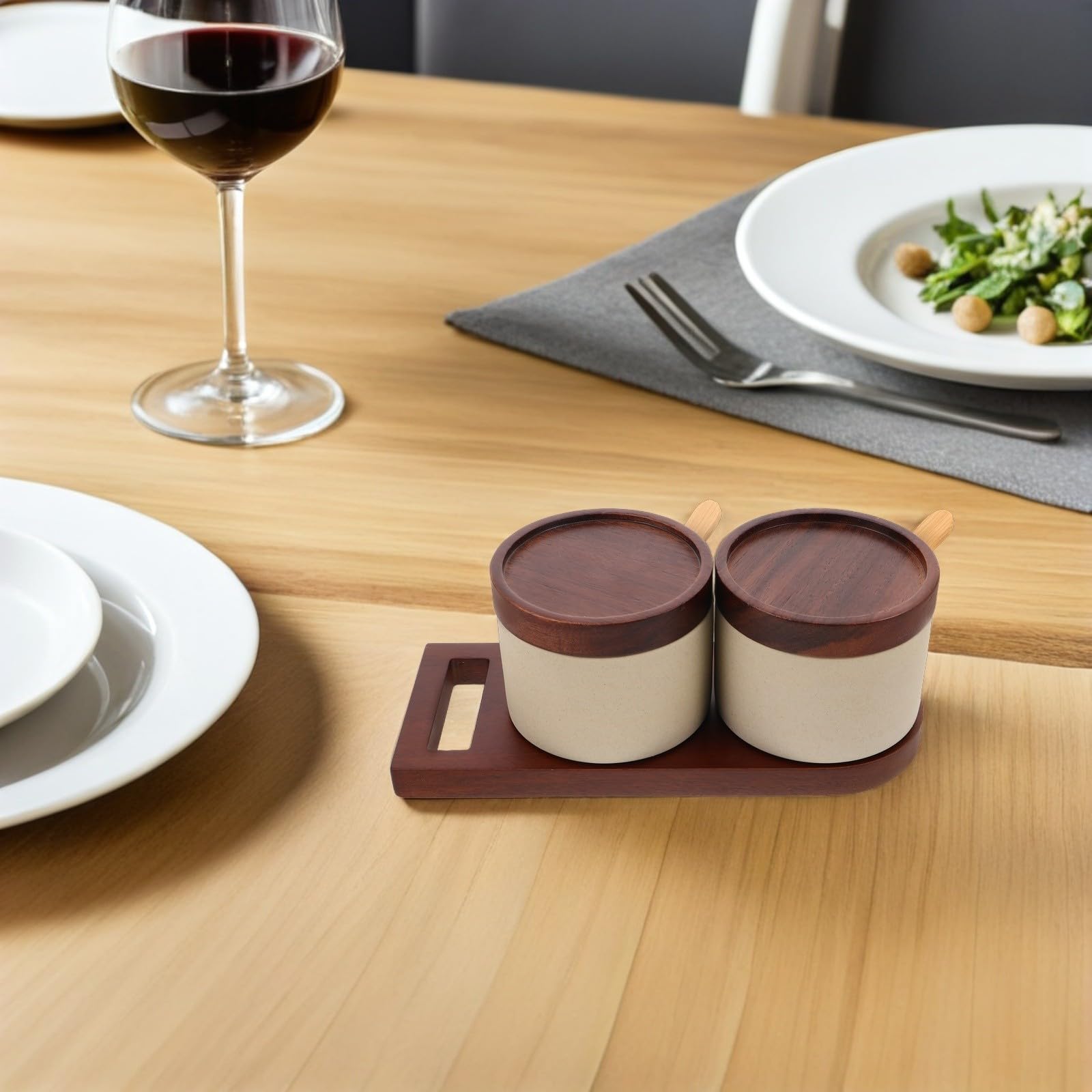 Artibetter Juego de Botes para Especias de Cerámica con Tapa de Madera y Cuchara, Adecuado para Cocina y Café, Diseño Minimalista y Funcional para Condimentar Fácilmente