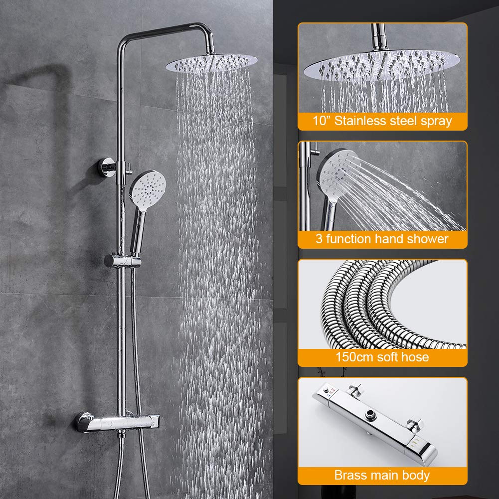 Ibergrif M21809 Colonna Doccia Termostatico, Doccia Soffione Completo, Set Doccia con Soffione e Doccetta, Asta per Doccia Regolabile a Muro, Termostato, Asta Tubo Flessibile, Cromo, Argento