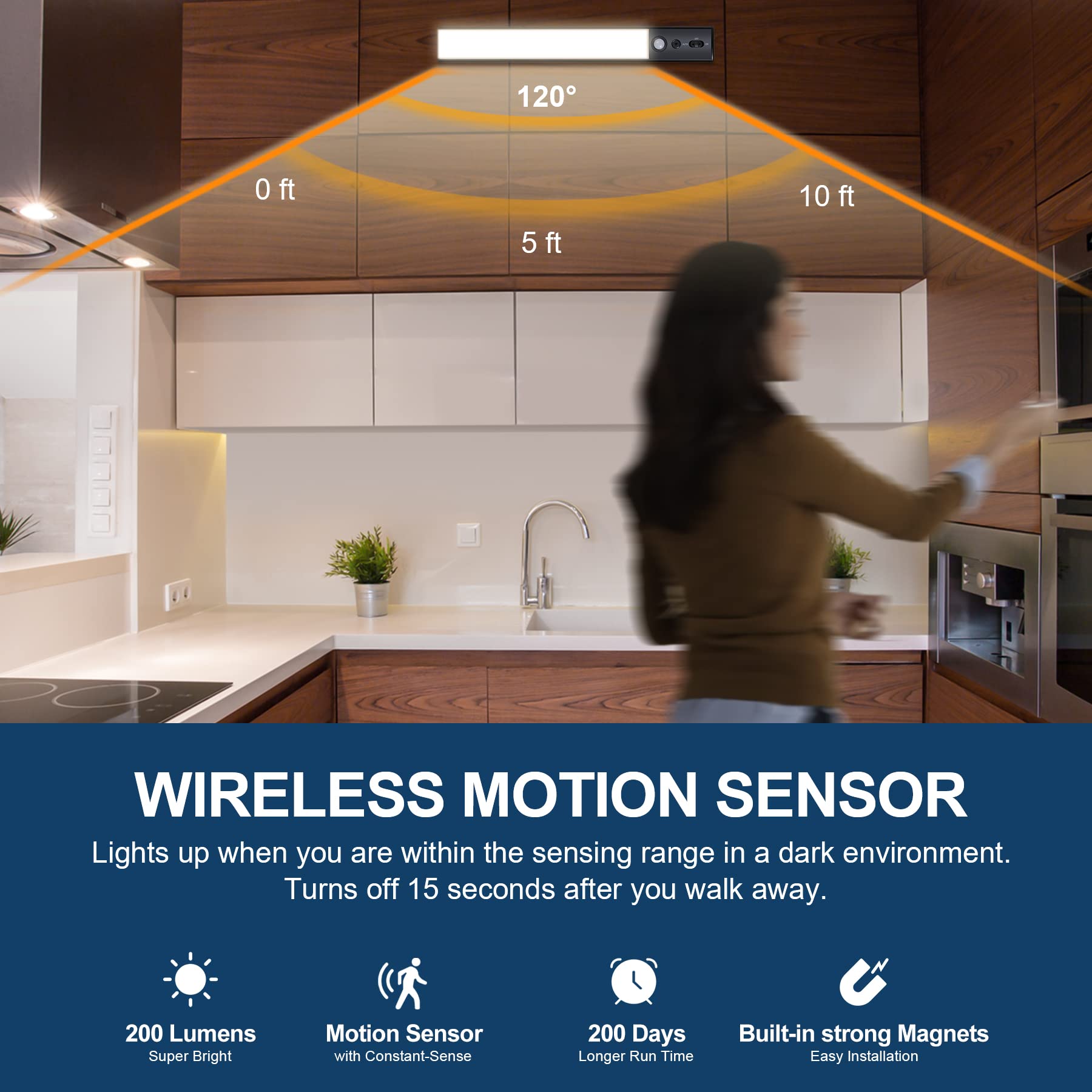 YELKO LED Motion Sensor Cabinet Light Under Counter Closet Lighting 4200mAh Rechargeable nightlights Battery Operated Dimmable Portable LED — view 3