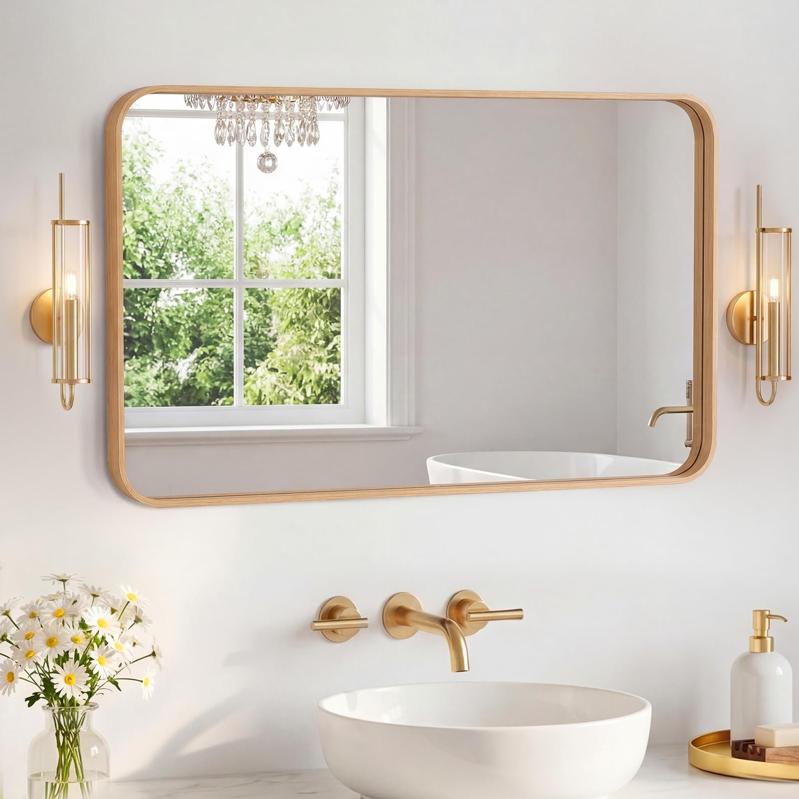 Sweetcrispy Bathroom Mirror 36x24 Inch Metal Framed Rounded Rectangle Vanity Mirror for Wall, Over Sink, Farmhouse, Restroom, Anti-Rust, Modern Decorative, Horizontal or Vertical Hanging, Wood