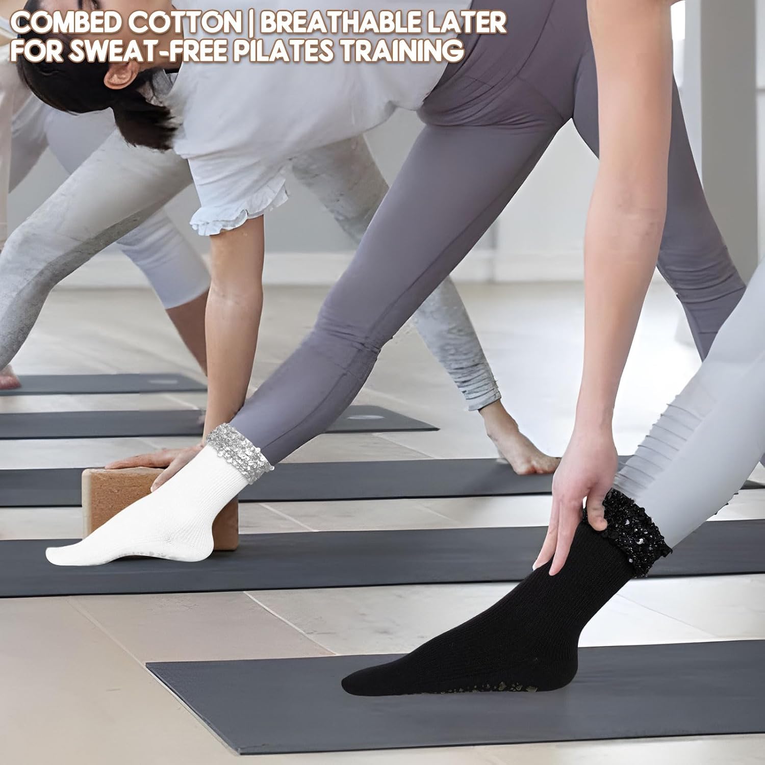3 Pairs Cute Pilates Grip Socks for Women Glitter Sequin Non Slip Grip Socks for Yoga, Barre