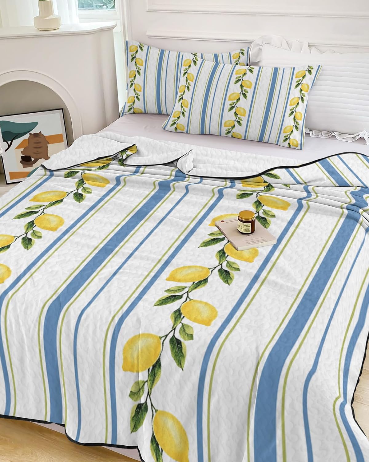 King Size Quilt Set, Summer Lemon Leaves Lightweight Bedspread Coverlet Set Soft Microfiber Summer Quilt with 2 Pillow Shams, Blue Yellow Striped 3 Piece Comforter Bedding Set