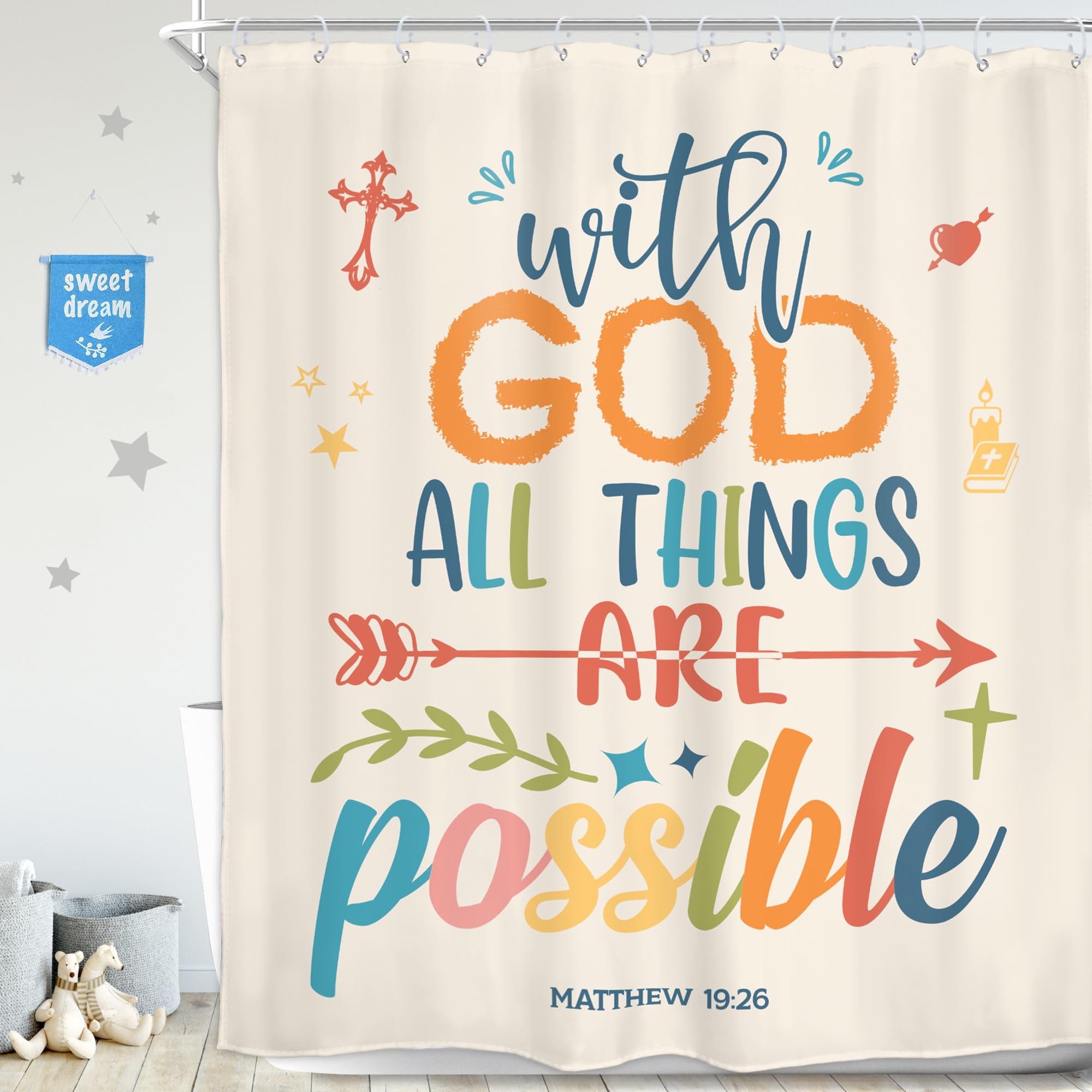 Homewelle Colorful Bible Verse Shower Curtain Inspirational Motivational Positive Quote Encouragement Scripture 60Wx72H Inch Multicolor for Kids Girl