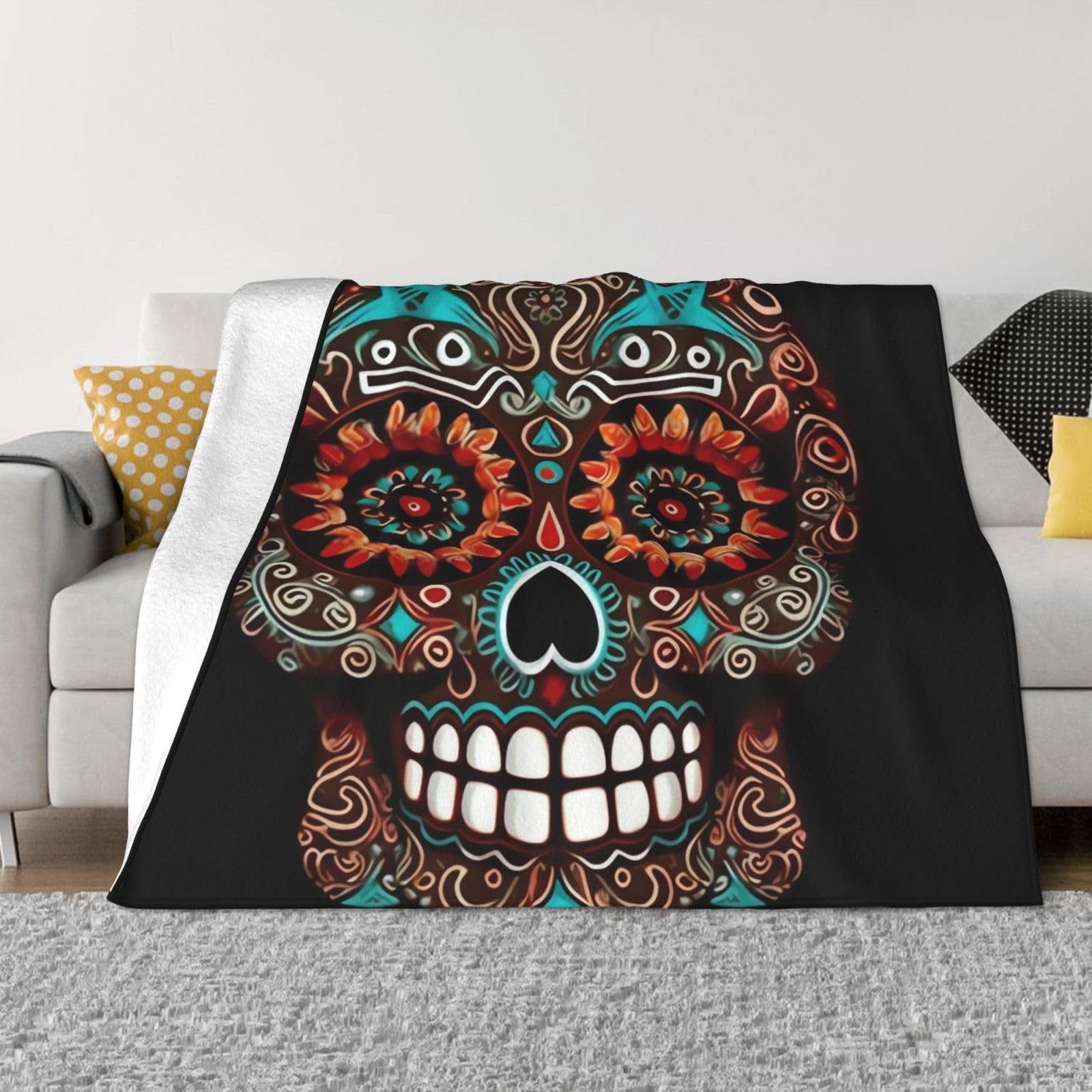 FodPand Sugar Skulls Day of the Dead Fleece Blanket 50"x40" Lightweight Warm Throw Blanket for Bed Couch Cozy Air Conditioning Quilt All Seasons Decorative Fuzzy Blankets Gifts for Women Men