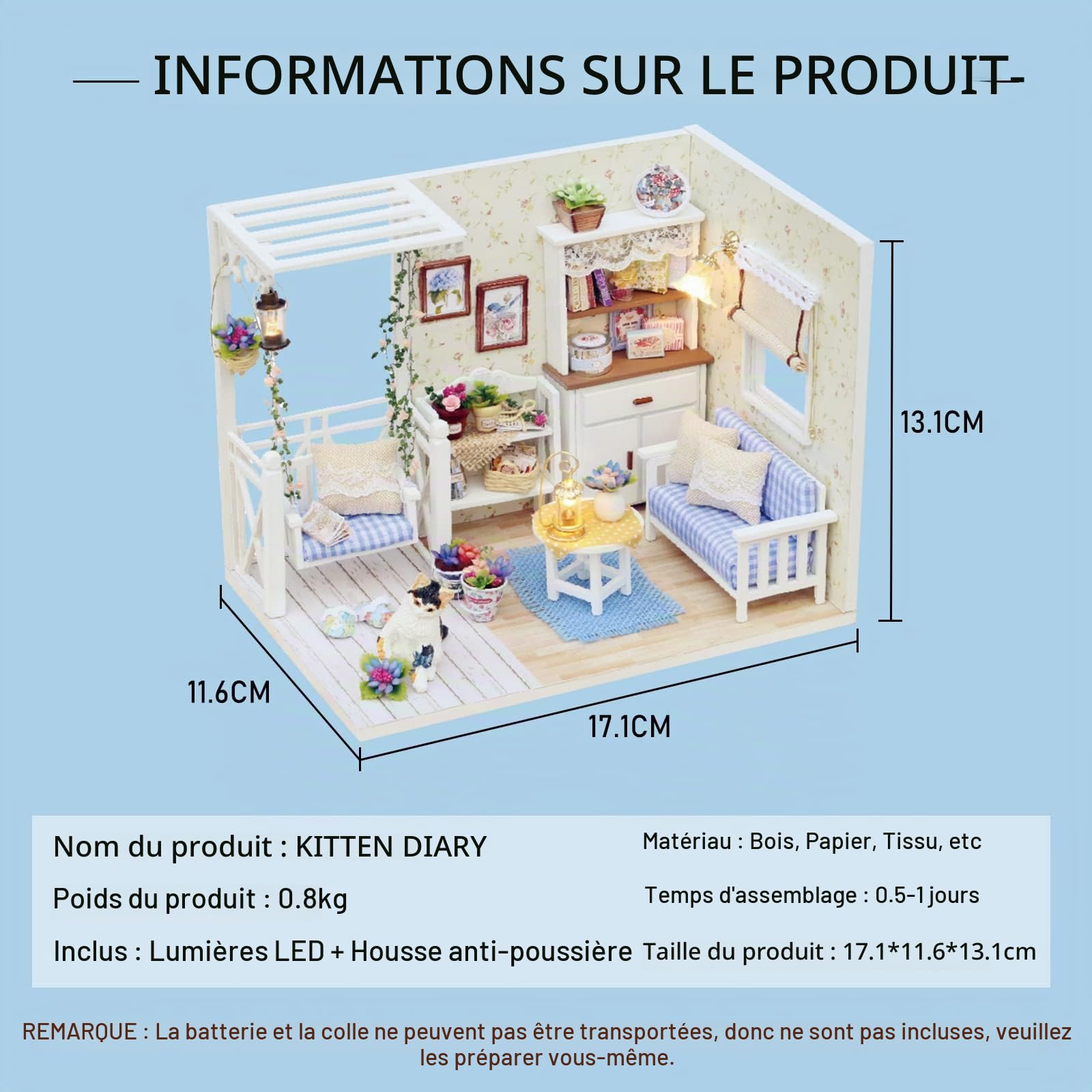 CUTEROOM Kit Miniature en Bois Fait Main de Maison de poupée de DIY - modèle de Salon de LED et Tous Les Meubles