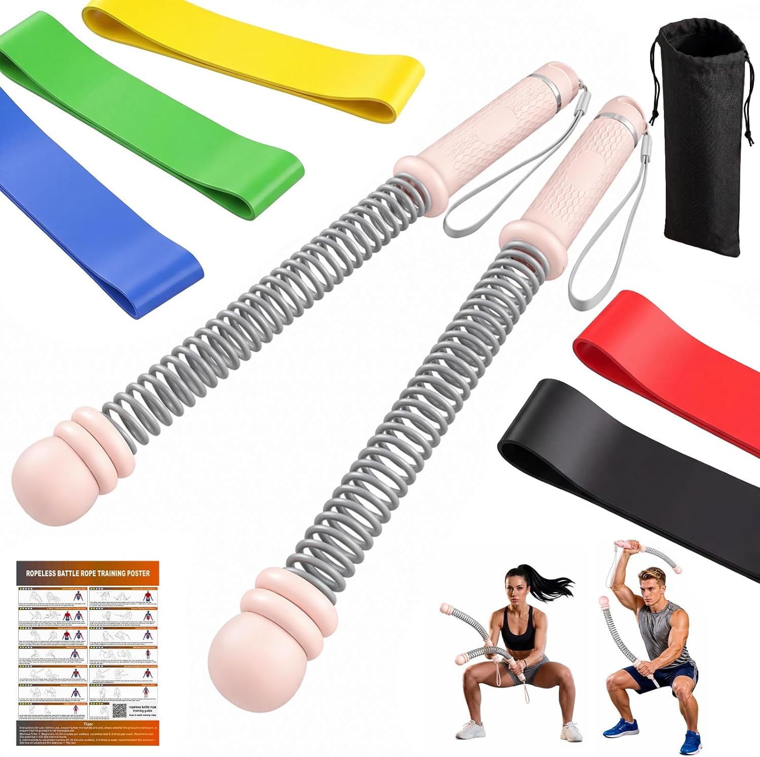 Ropeless Battle Ropes Set, 2 PCS Cordless Battle Ropes with 5 Resistance Bands for Home Gym, Portable Weighted Battle Rope Exercise Equipment for HIIT Strength Training Cardio Workout, Women（Pink）