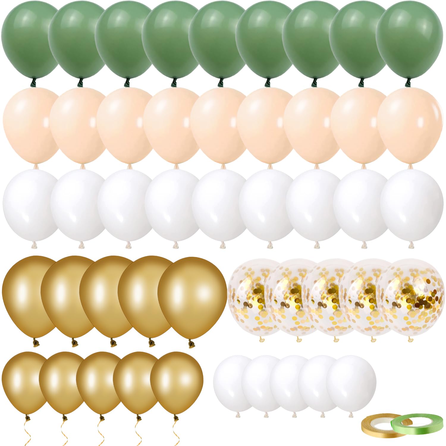 70 Stück Luftballons Salbeigrün Beige, Grün Gold Weiß Konfetti Latex Balloons - Babyparty Geburtstag Hochzeit Party Taufe Dekoration