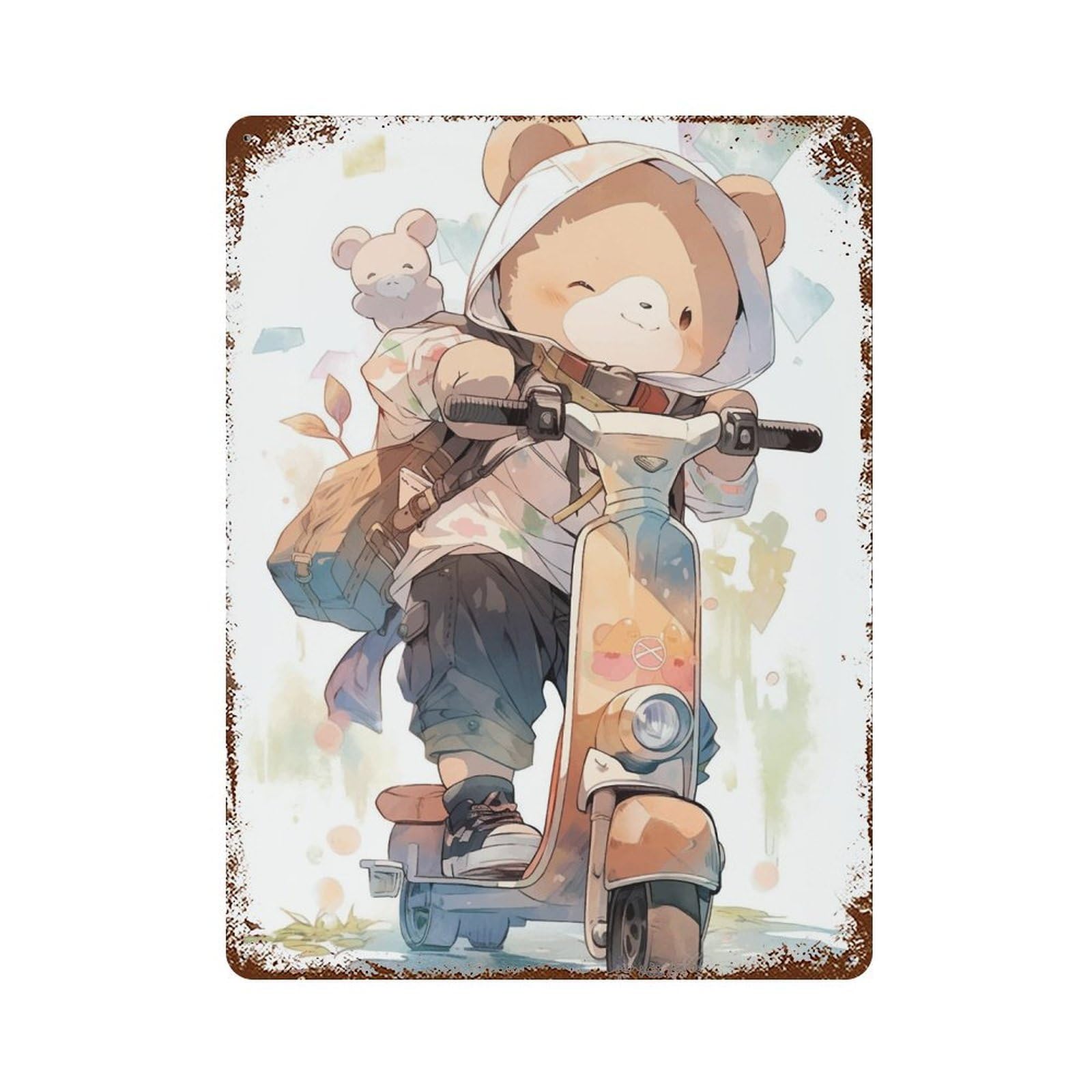 Bear on Scooter Adventure Distressed Metal Wall Sign 15.7"x11.8", Rustic Home Decor for Living Room, Hallway And Home Decor