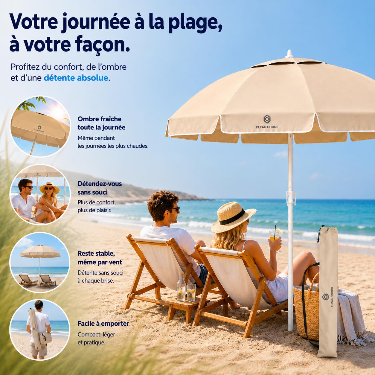 Fleau Goods Parasol de plage – Parasol – Réglable – Protection UV – Résistant à l'eau – Parasol à mât – Parasol de jardin