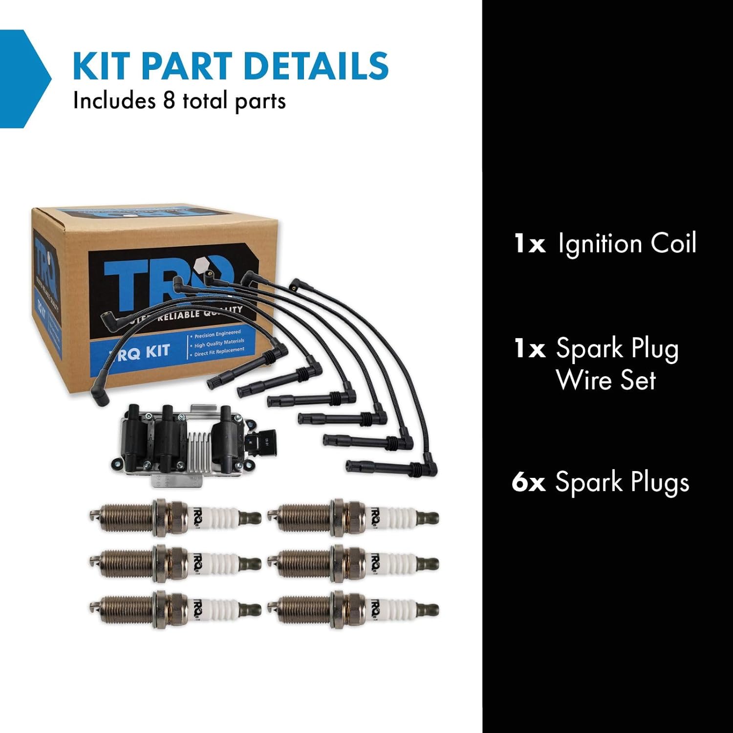 TRQ Ignition Coil and Spark Plug Kit 8 Piece Iridium Spark Plugs Compatible with 1998-2002 Volkswagen Passat