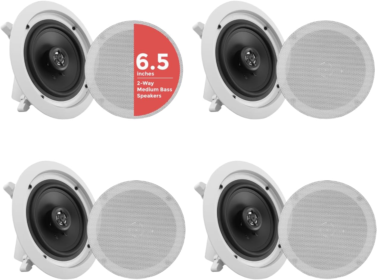 6.5โ 4 Bluetooth Flush Mount In-wall In-ceiling 2-Way Speaker System Quick Connections Changeable Round/Square Grill Polypropylene Cone & Tweeter Stereo Sound 4 Ch Amplifier 200 Watt - PDICBT266