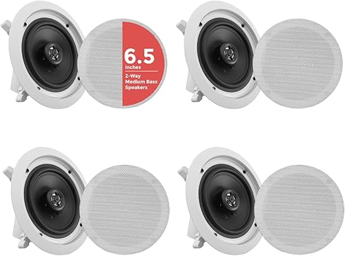 Pyle 6.5" 4 Bluetooth Montaje empotrado en la pared en el techo Sistema de altavoces de 2 vías Conexiones rápidas Parrilla redondacuadrada