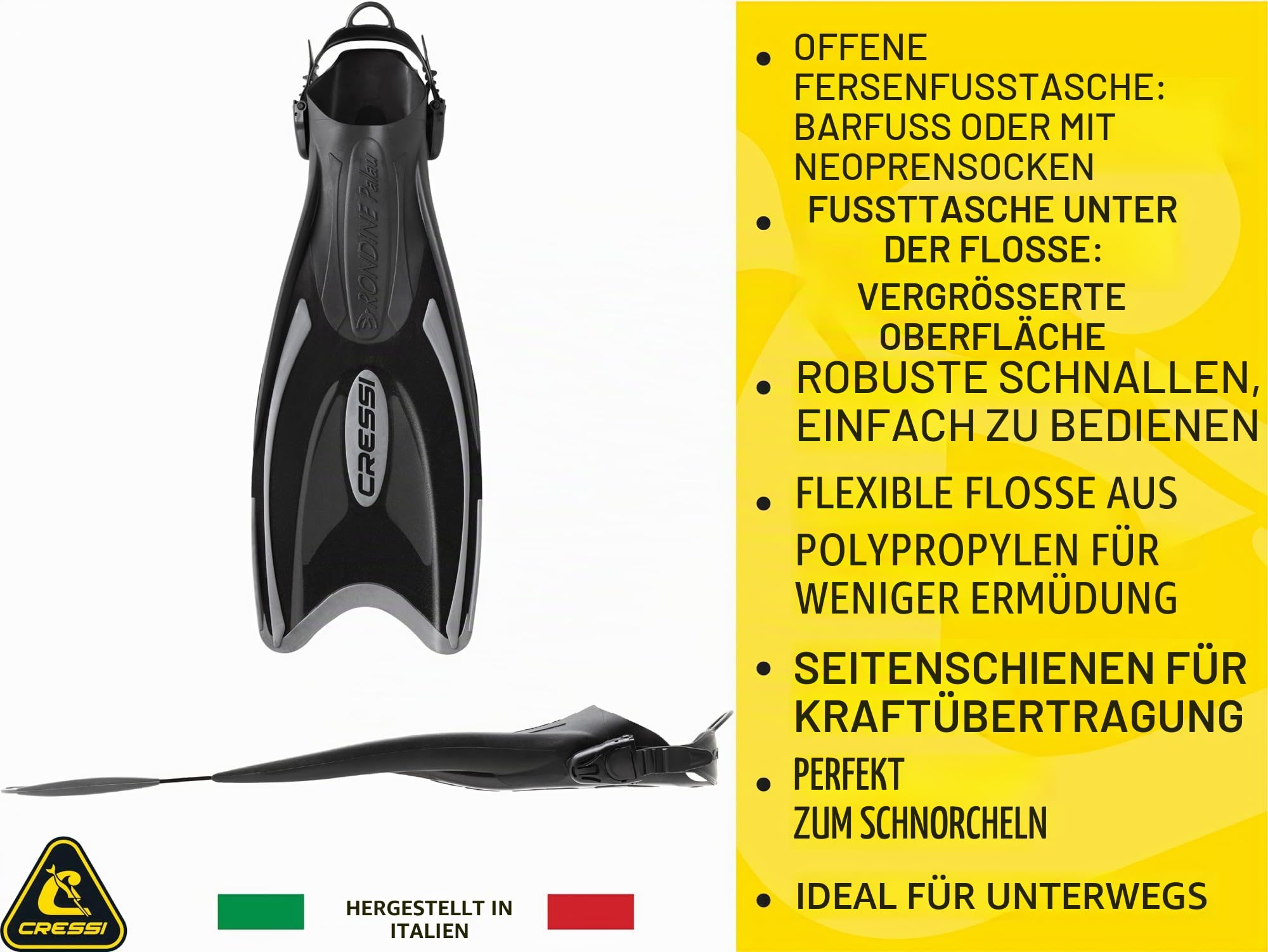 Cressi Verstellbare Schnorchel, für alle Familie, Lange Blade mit offenem Absatz, Palau LAF Made in Italy